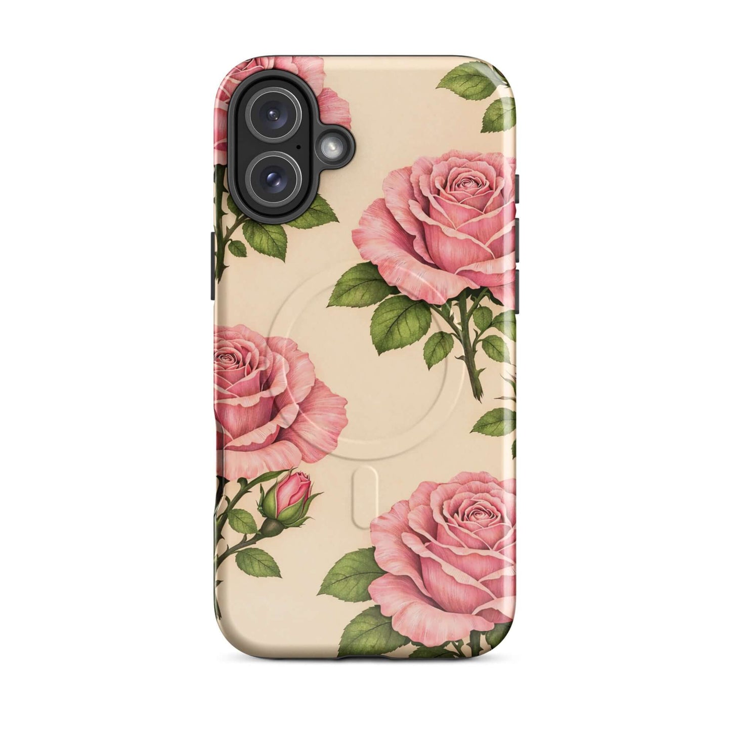 Magnetic Phone Case featuring pink rose and rosebud pattern on warm cream background for elegant iPhone protection.