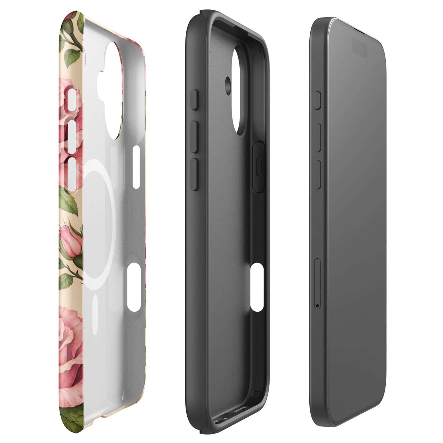 Magnetic Phone Case for iPhone with pink rose design on warm cream background, showcasing elegant floral protection.