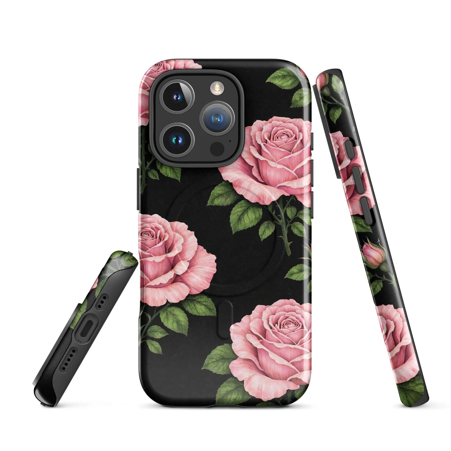 Magnetic Phone Case for iPhone with pink rose garden design on a black background.