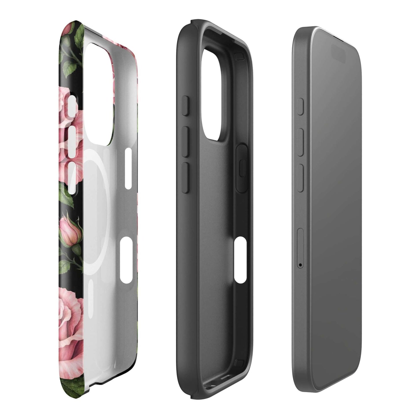 Magnetic Phone Case for iPhone in pink rose garden design with pink roses and green leaves on a black background.