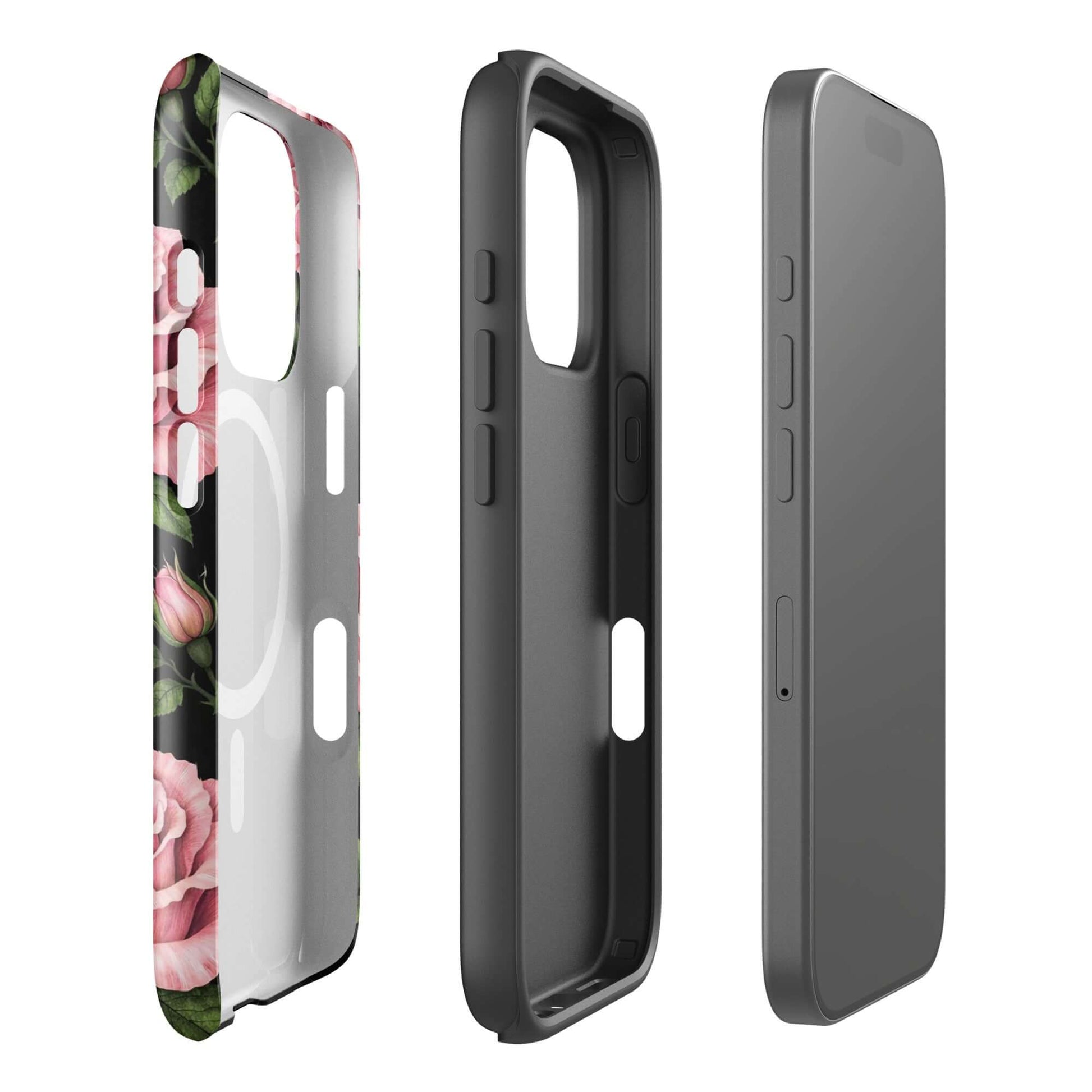 Magnetic Phone Case for iPhone in pink rose garden design with pink roses and green leaves on a black background.