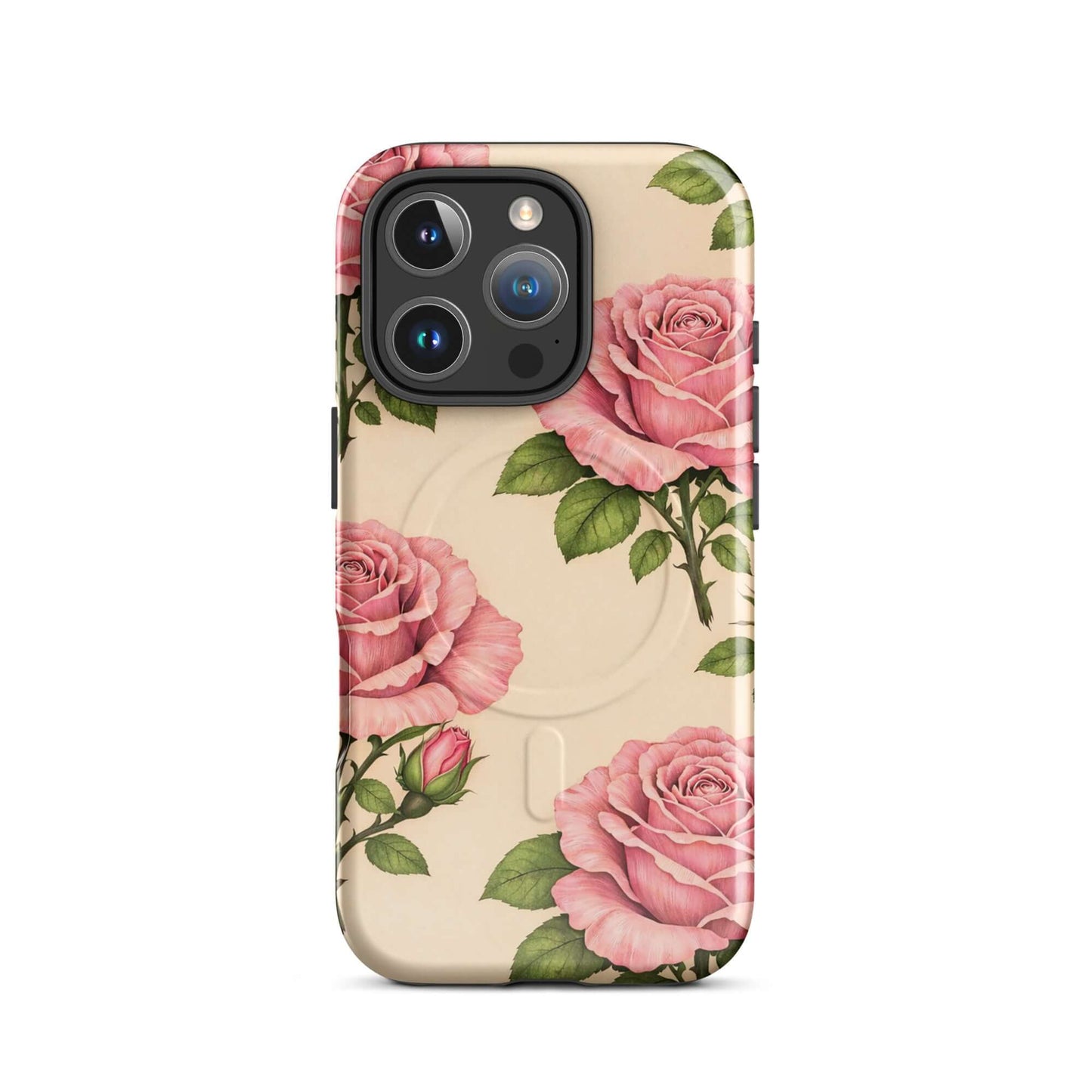 Magnetic Phone Case with pink roses and cream background, iPhone protection