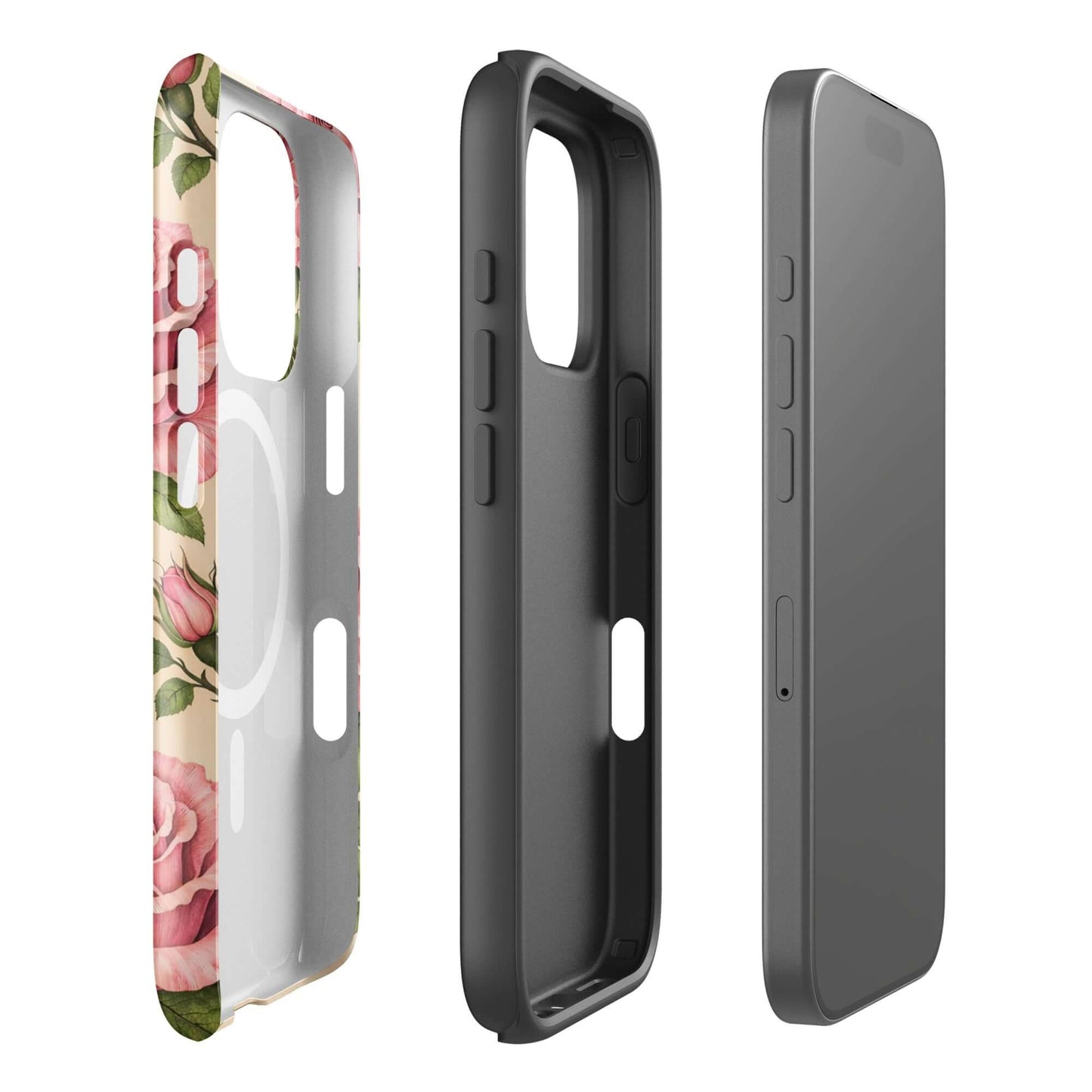 Magnetic Phone Case for iPhone with pink rose and cream design, showcasing floral elegance and everyday protection.