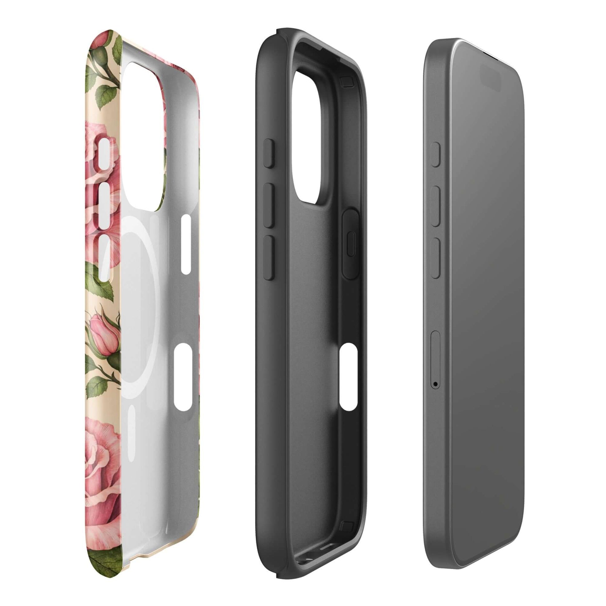 Magnetic Phone Case for iPhone with pink rose and cream design, showcasing floral elegance and everyday protection.