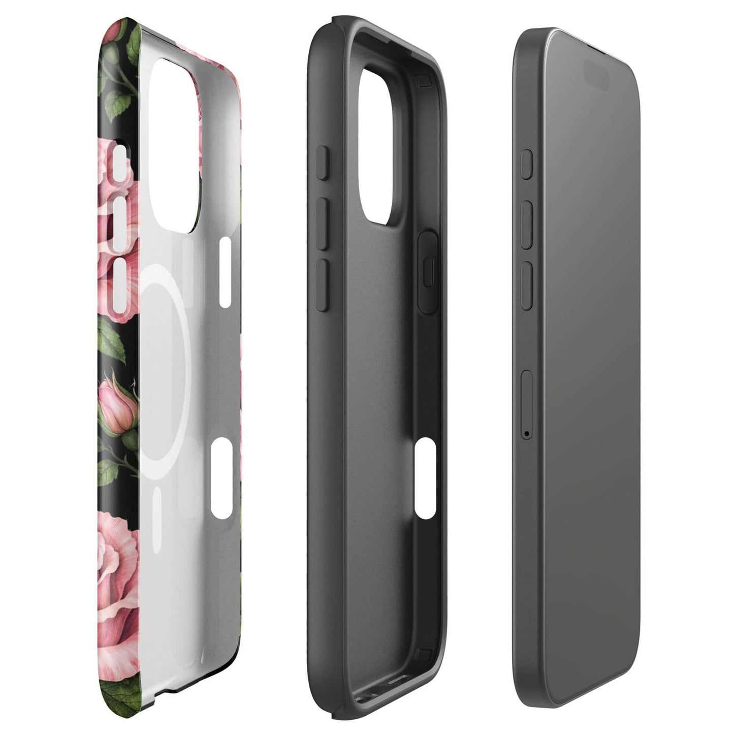 Magnetic Phone Case for iPhone in Pink Rose Garden design with floral pattern on black background, side and inner view displayed.