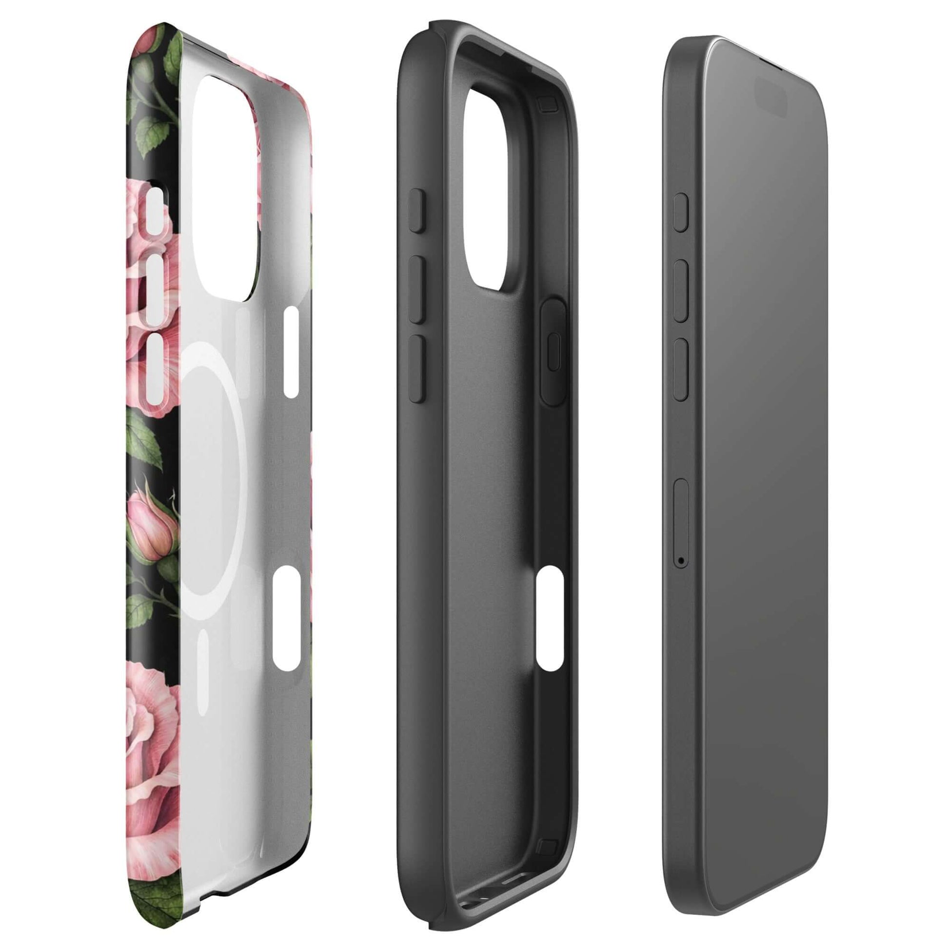 Magnetic Phone Case for iPhone in Pink Rose Garden design with floral pattern on black background, side and inner view displayed.