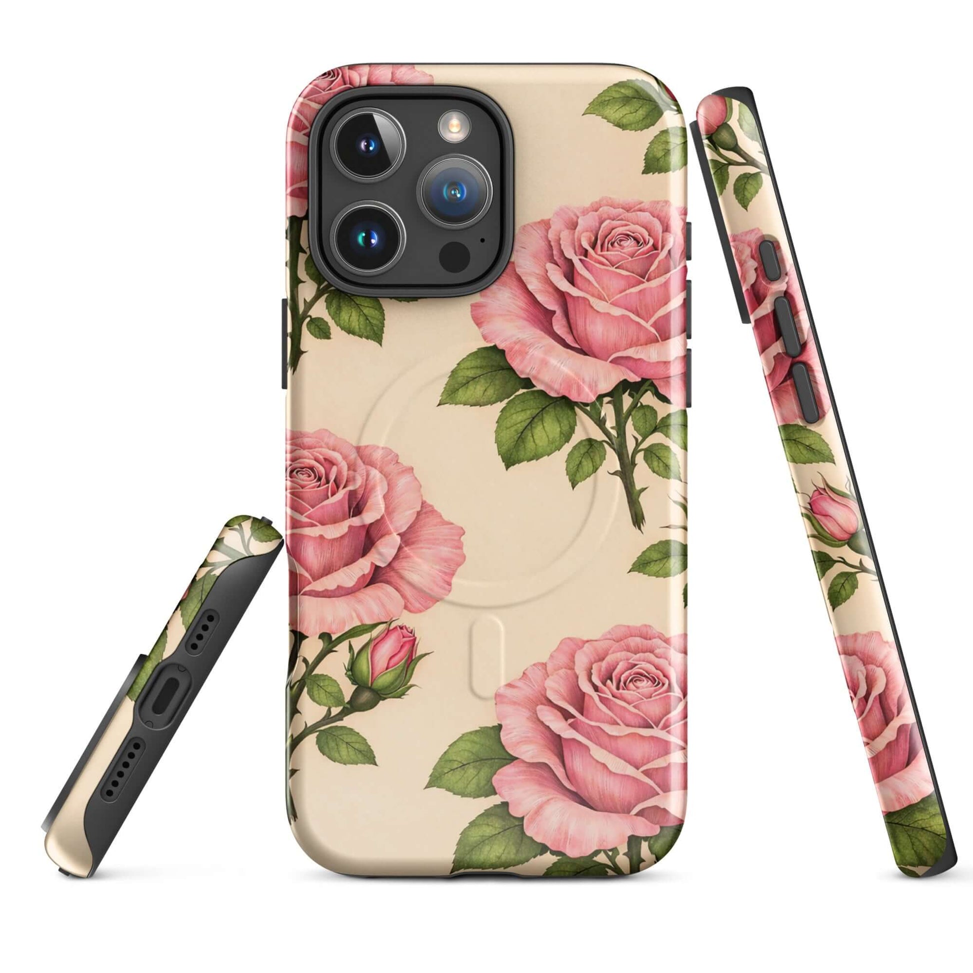 Magnetic Phone Case for iPhone with pink roses and cream background showcasing elegant floral design.