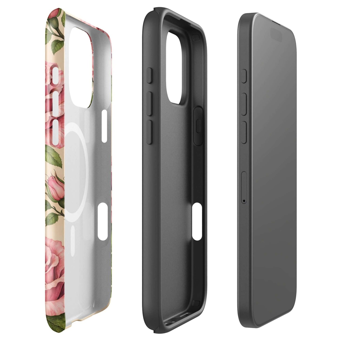 Magnetic Phone Case for iPhone in pink rose and cream design with green leaves, offering elegance and protection.