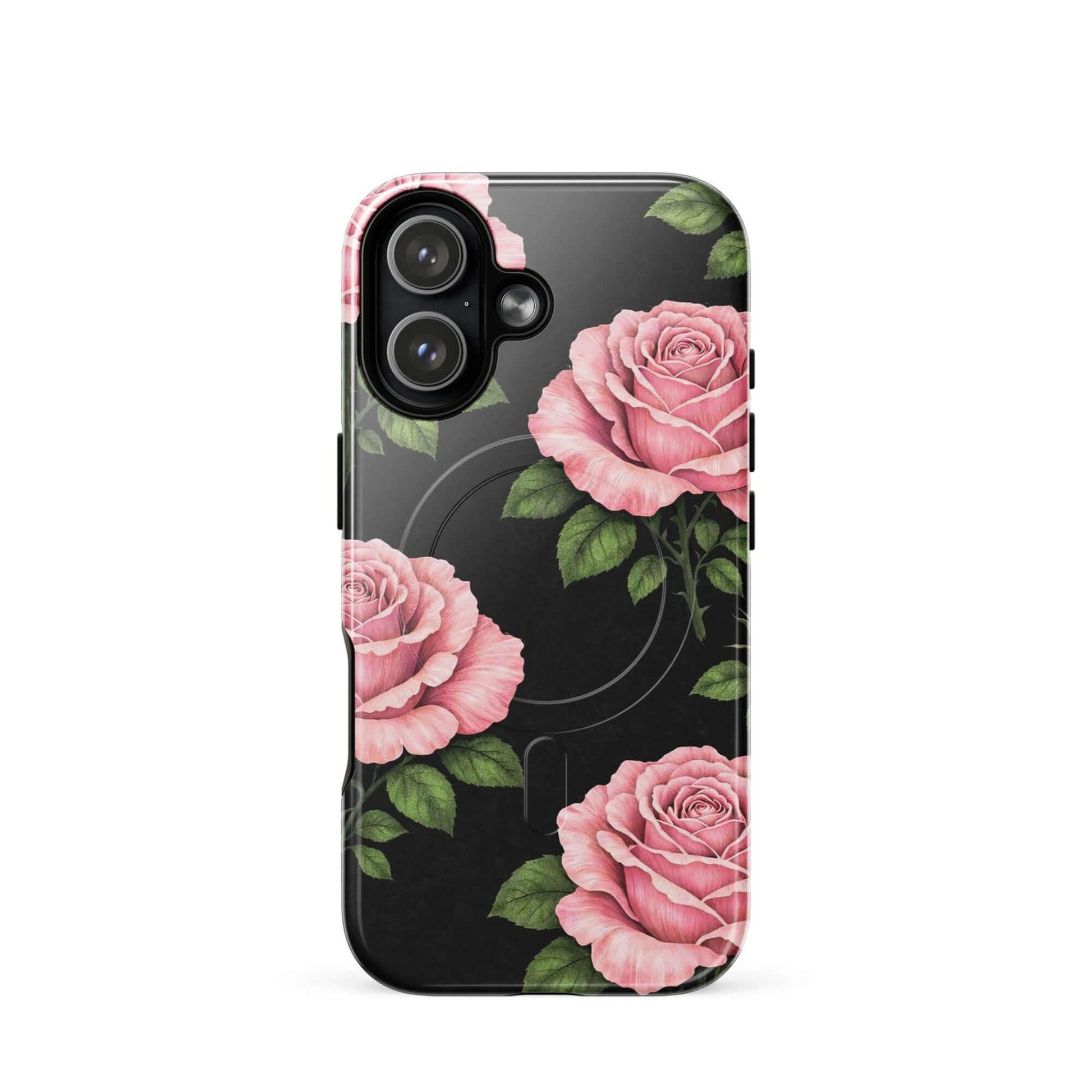 Magnetic Phone Case with pink roses and green leaves on black background for iPhone, elegant floral design tough case.