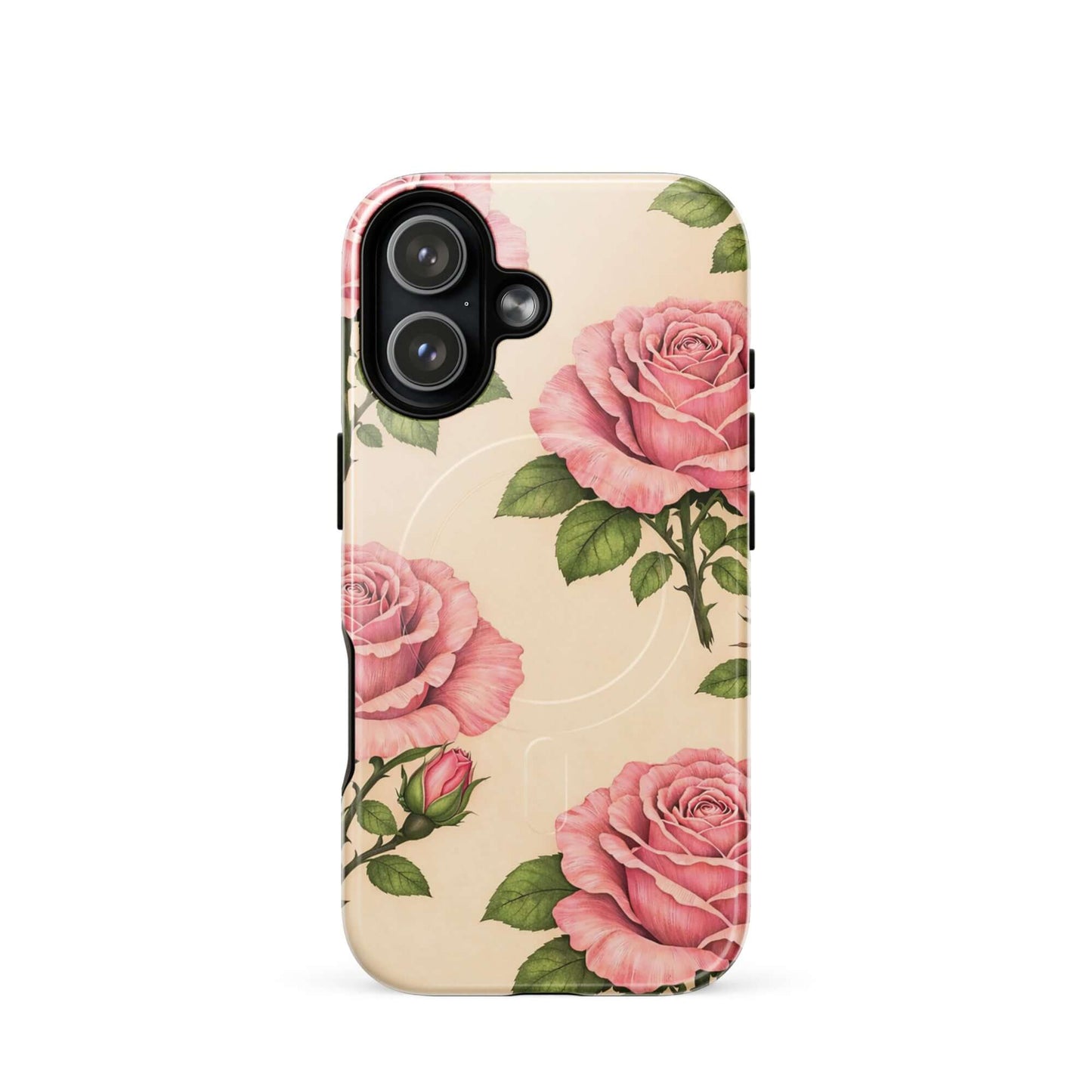 Magnetic Phone Case with pink rose design on warm cream background, featuring lush flowers and greenery for iPhone elegance.