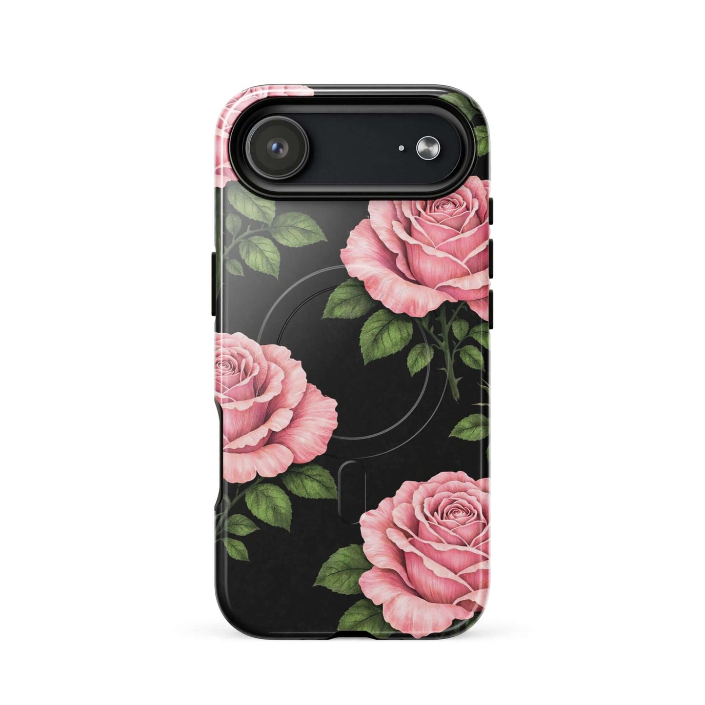 Magnetic Phone Case with pink roses and green leaves on black background for iPhone.
