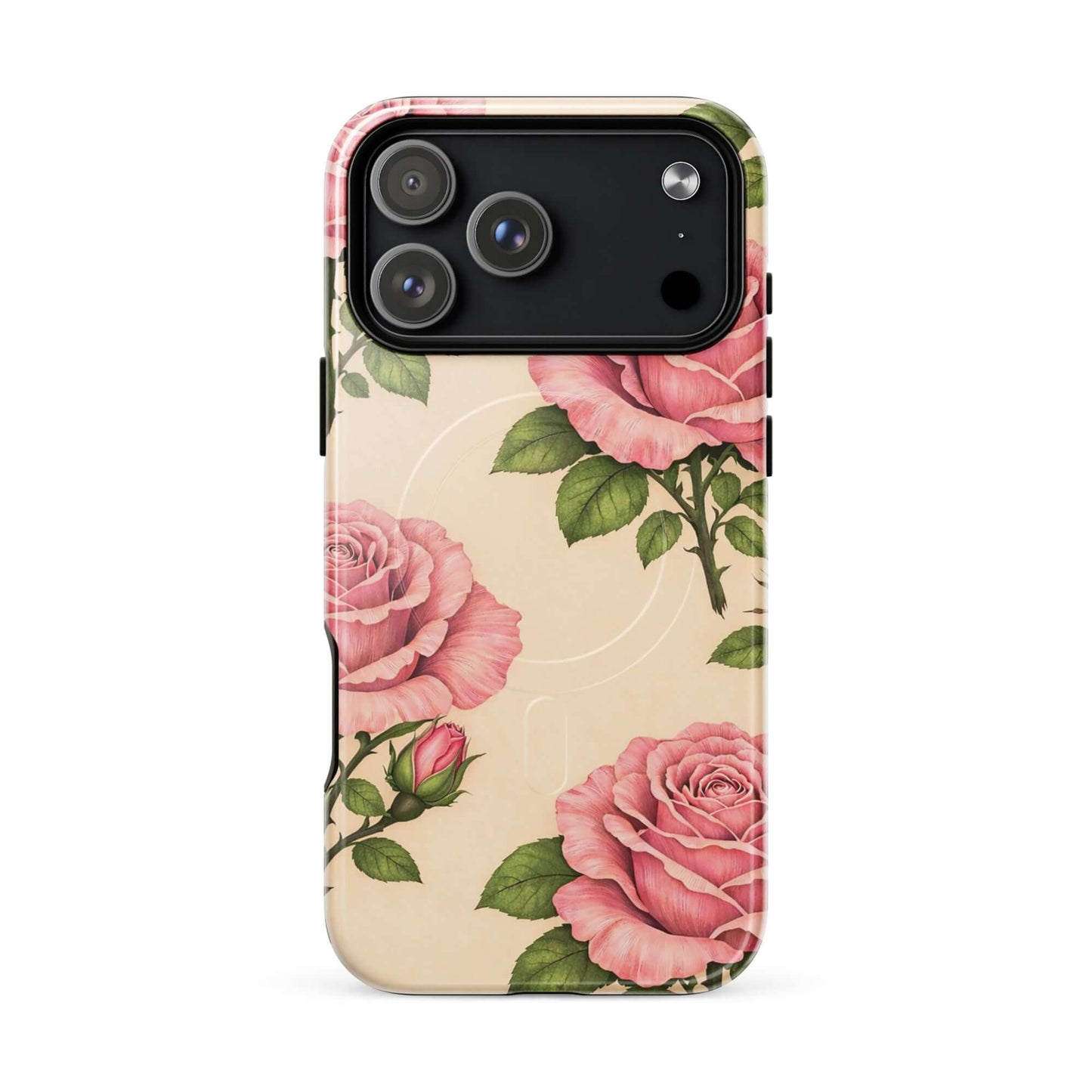 Magnetic Phone Case for iPhone with pink rose and warm cream floral design, featuring soft pink petals and green leaves on a cream background.