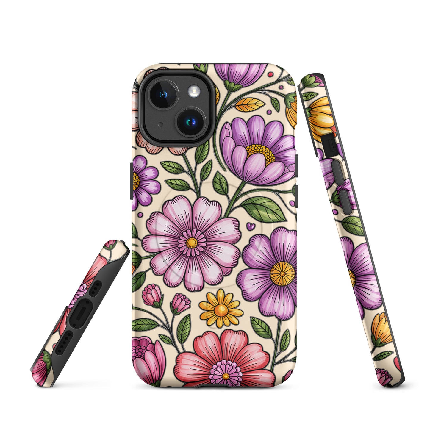 Magnetic Phone Case with pastel floral design, featuring pink, lavender, and yellow flowers on a durable, elegant protective cover.