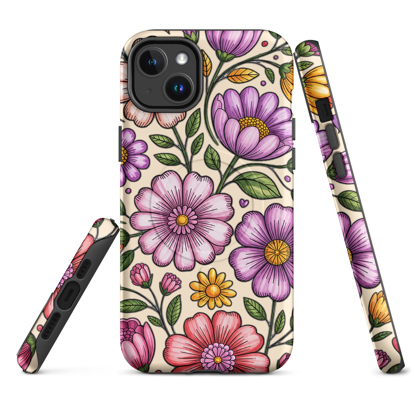 Magnetic Phone Case with pastel floral design, featuring pink, purple, and yellow blossoms on a durable shell.