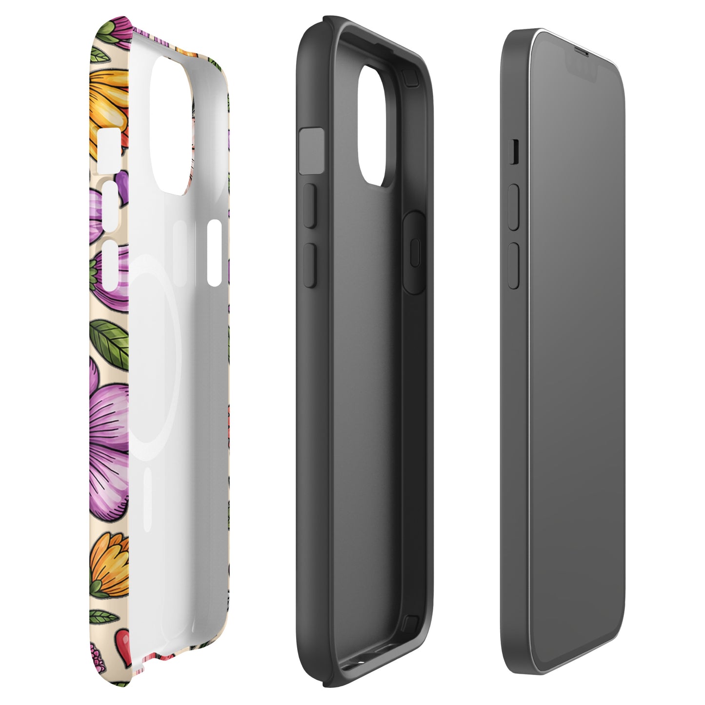 Magnetic Phone Case with pastel floral design, showcasing dual-layer construction in soft pinks, peaches, and lavenders.
