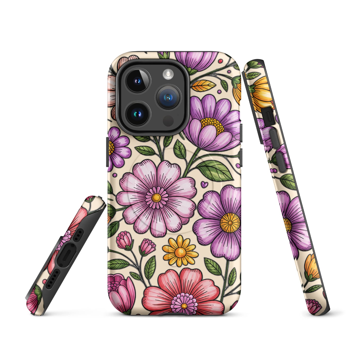 Magnetic Phone Case with pastel floral design showcasing pink, purple, and yellow flowers on a durable, stylish protective cover.