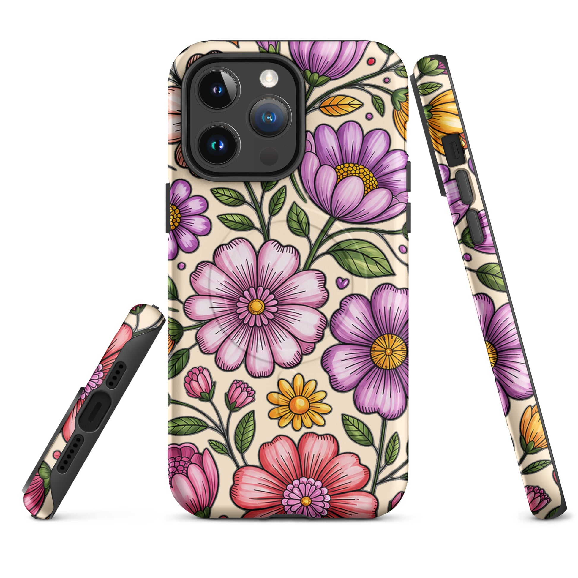 Magnetic Phone Case with pastel floral design in pink, peach, lavender, yellow on a deep background, showing charm and protection.
