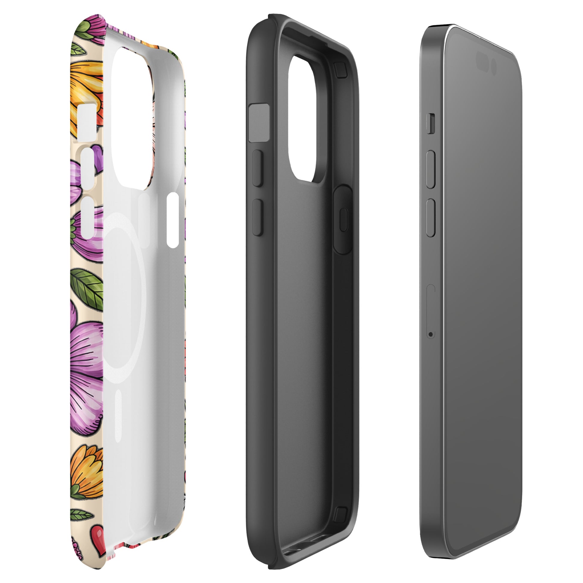 Magnetic Phone Case with pastel floral design and dual-layer construction shown from multiple angles.