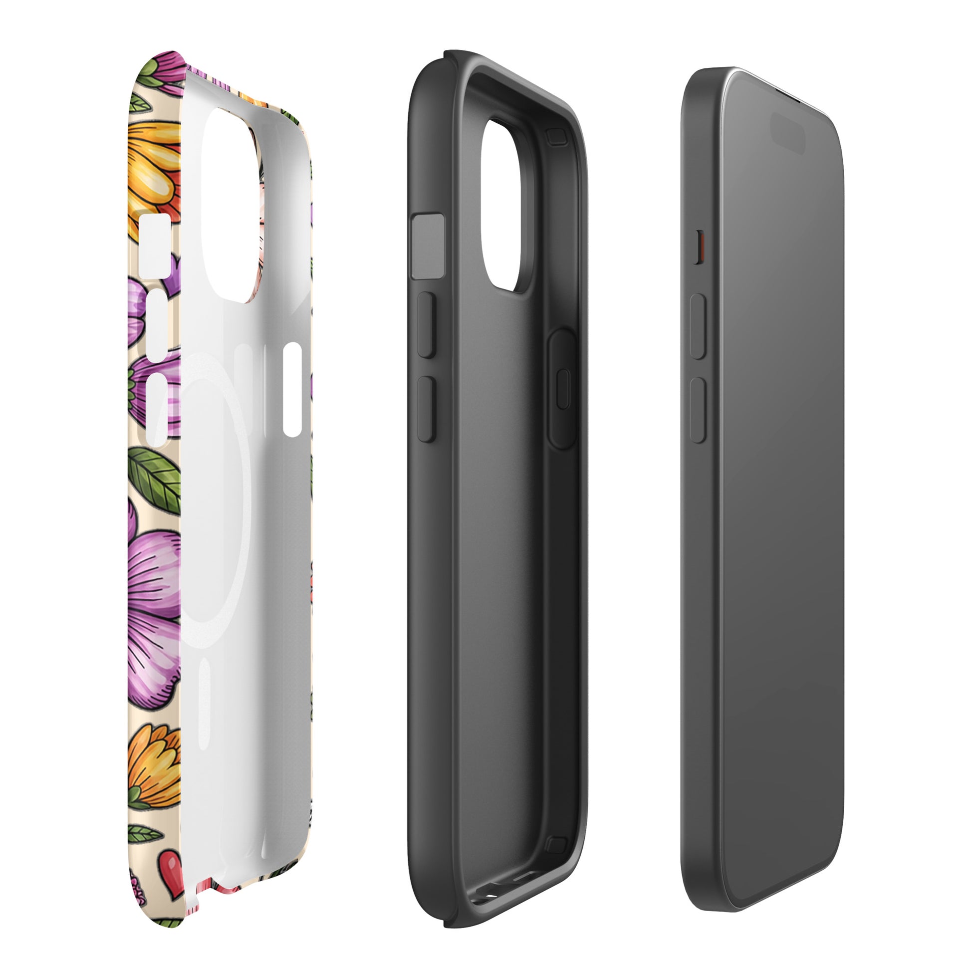 Magnetic Phone Case with pastel floral design, featuring dual-layer protection, showcasing colorful spring flowers on a sturdy shell.