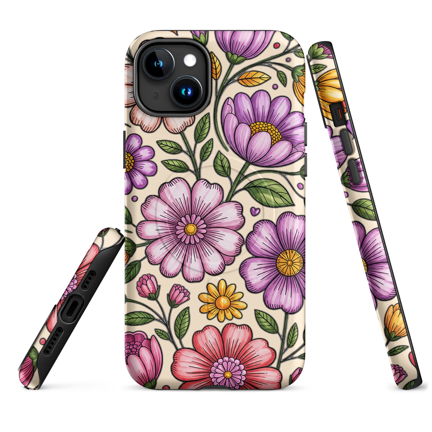 Magnetic Phone Case with pastel floral design in pinks, purples, and yellows, showcasing a colorful and cheerful exterior view.