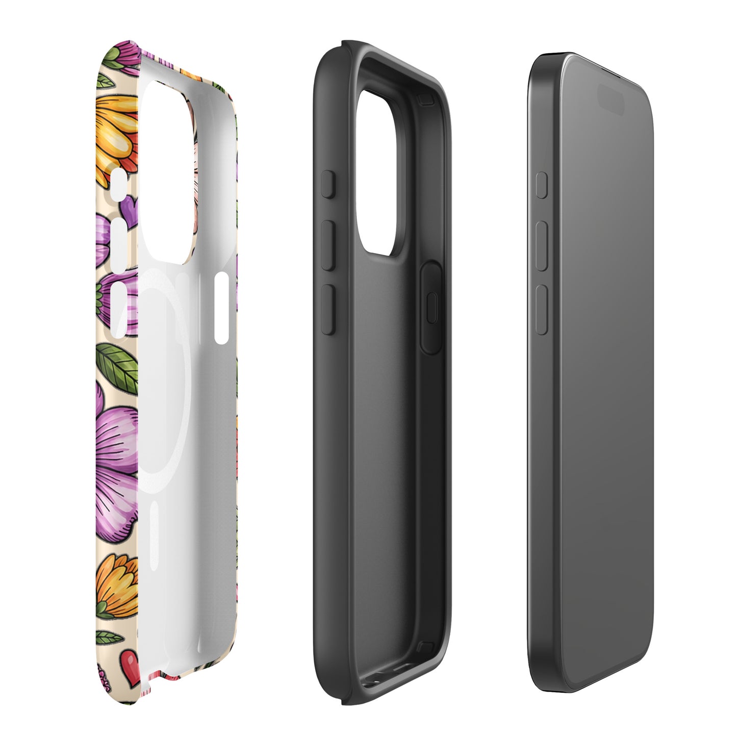 Magnetic Phone Case with pastel floral design featuring pink, peach, lavender, and yellow flowers on a durable dual-layer shell.