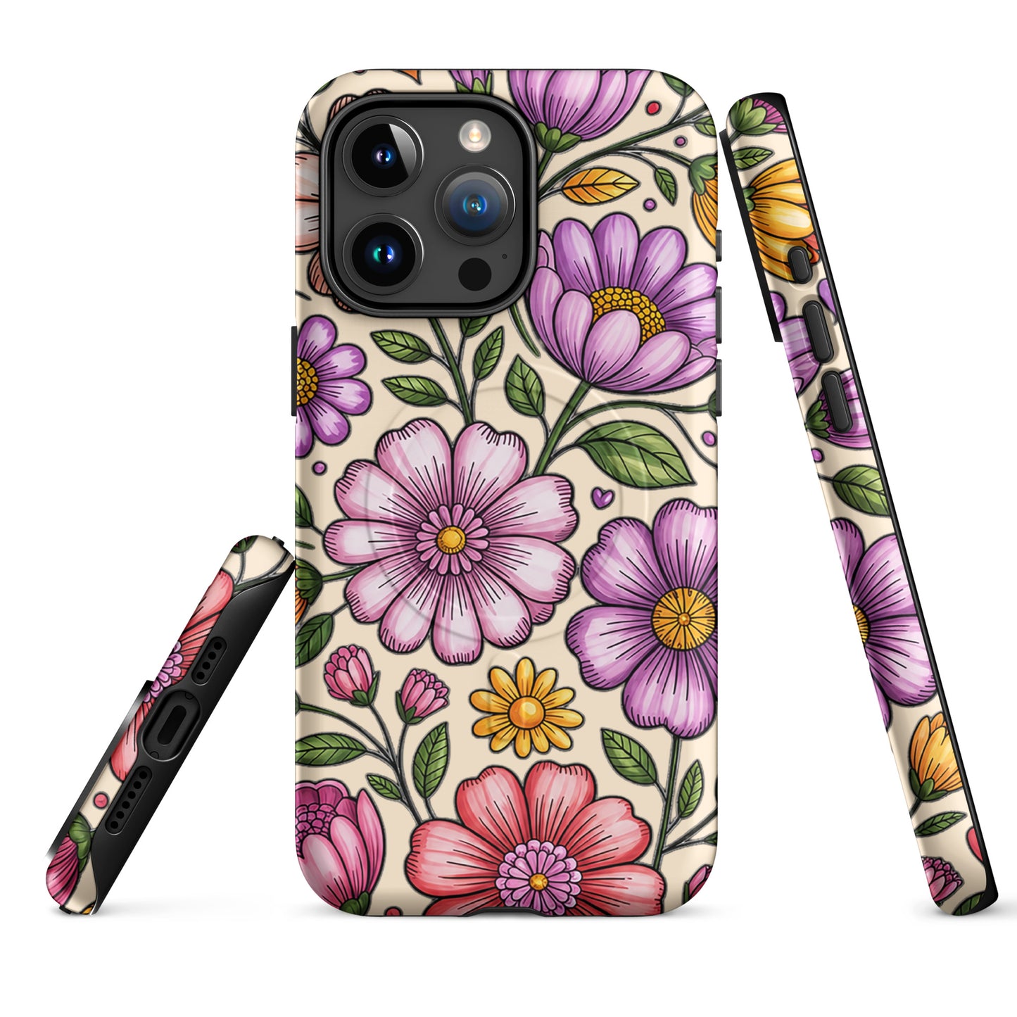 Magnetic Phone Case with pastel floral design in pink, peach, lavender, and yellow, offering elegance and protection in a durable shell.