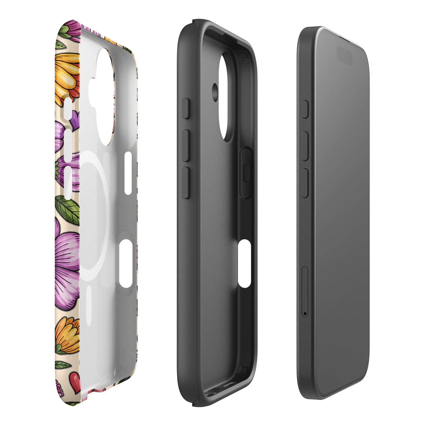 Magnetic Phone Case with pastel floral design and durable dual-layer construction, showcasing side and back views.