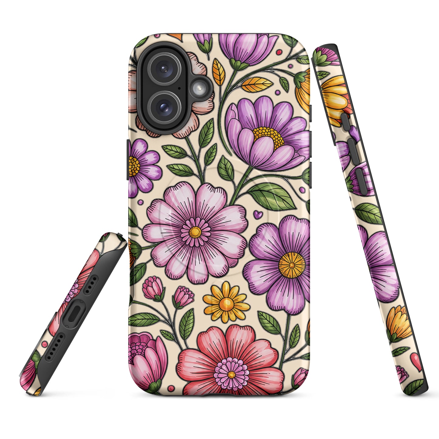 Magnetic Phone Case with pastel floral design, featuring spring blooms in pink, lavender, and yellow. Durable and stylish protection.