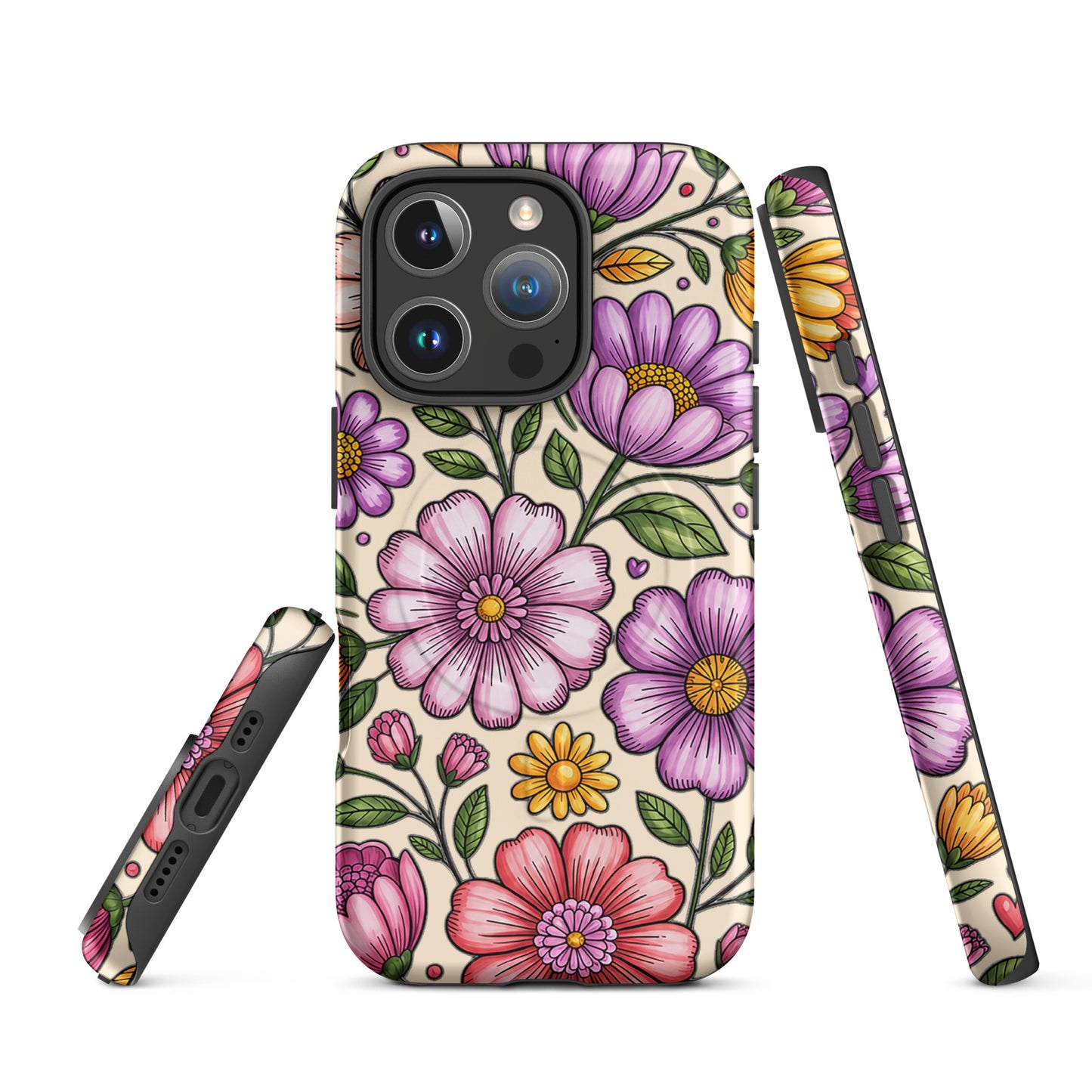 Magnetic Phone Case with pastel floral design showcasing lavender, pink, yellow flowers on durable polycarbonate shell.