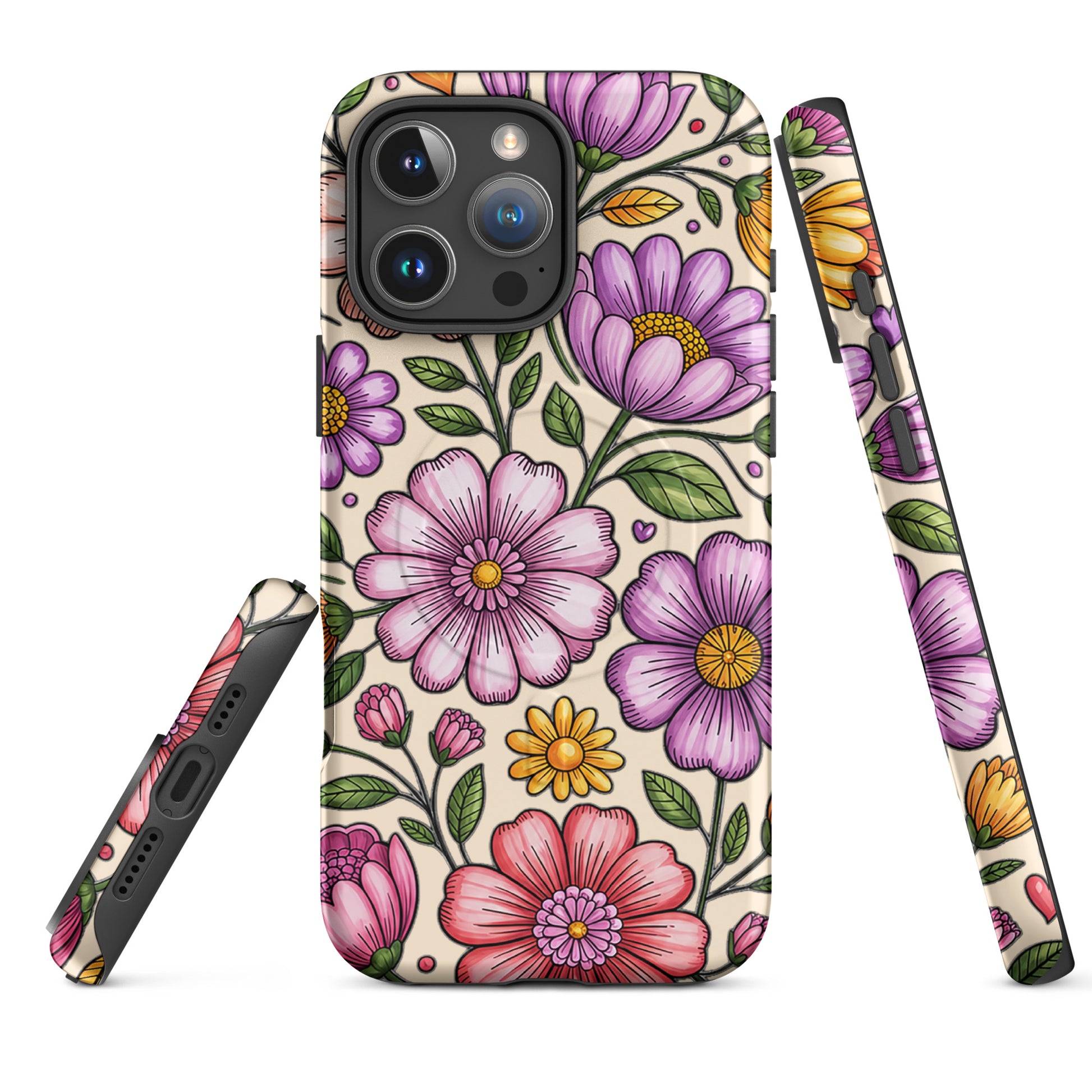 Magnetic Phone Case with pastel floral design showcasing pink, peach, lavender, and yellow flowers on a deep background, three angles view.