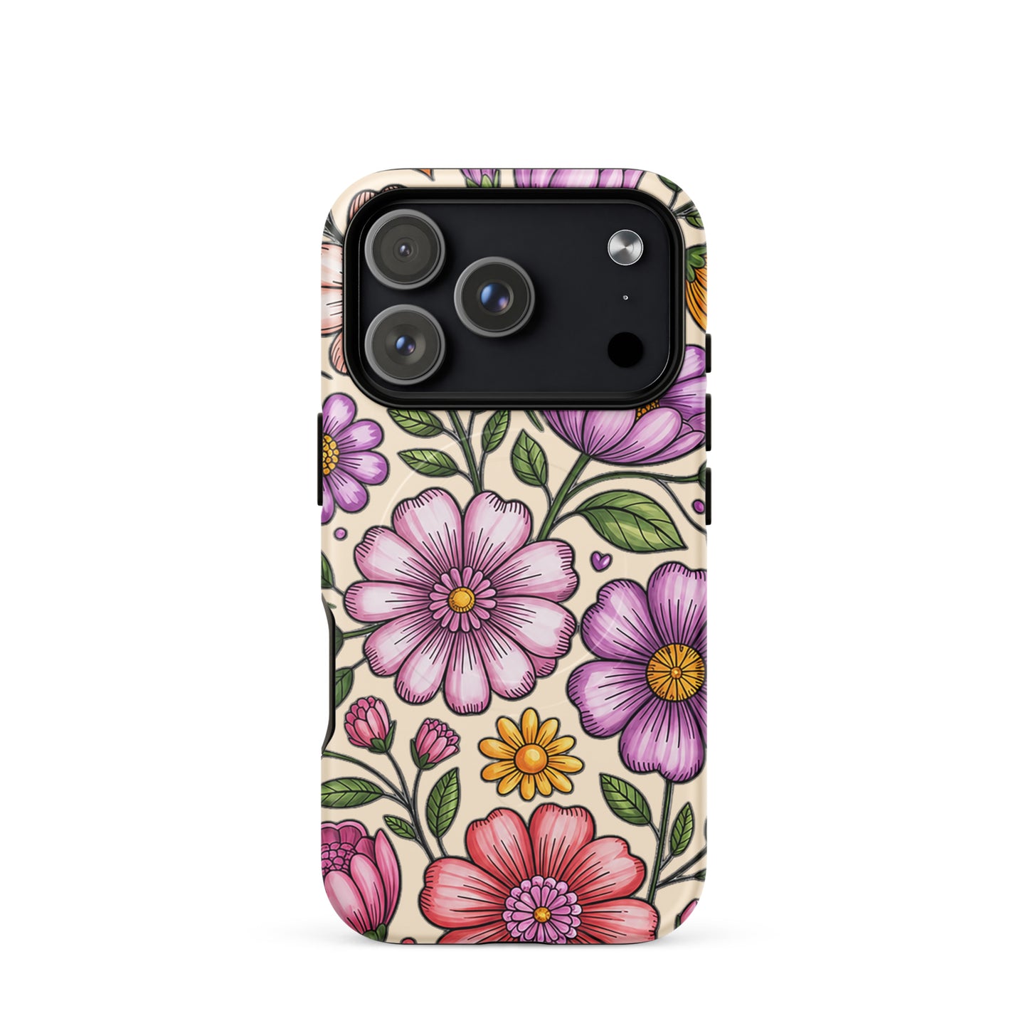 Magnetic Phone Case with pastel floral design featuring soft pink, peach, lavender, and yellow flowers on a durable polycarbonate shell.