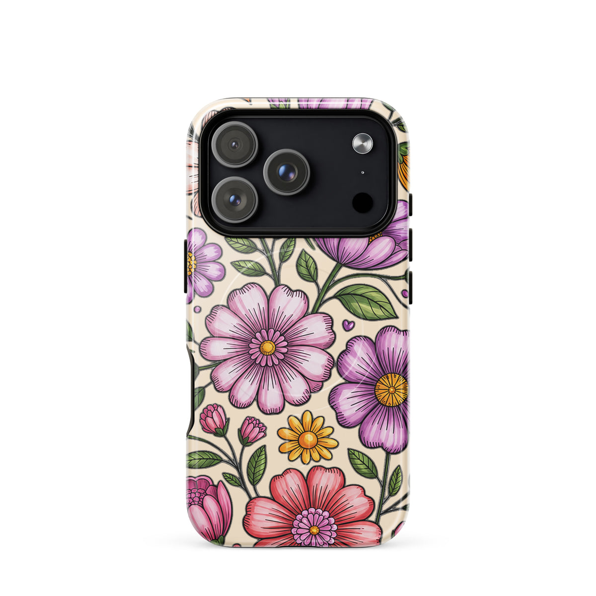 Magnetic Phone Case with pastel floral design, featuring pink, peach, and lavender flowers, offering a cheerful and elegant look.