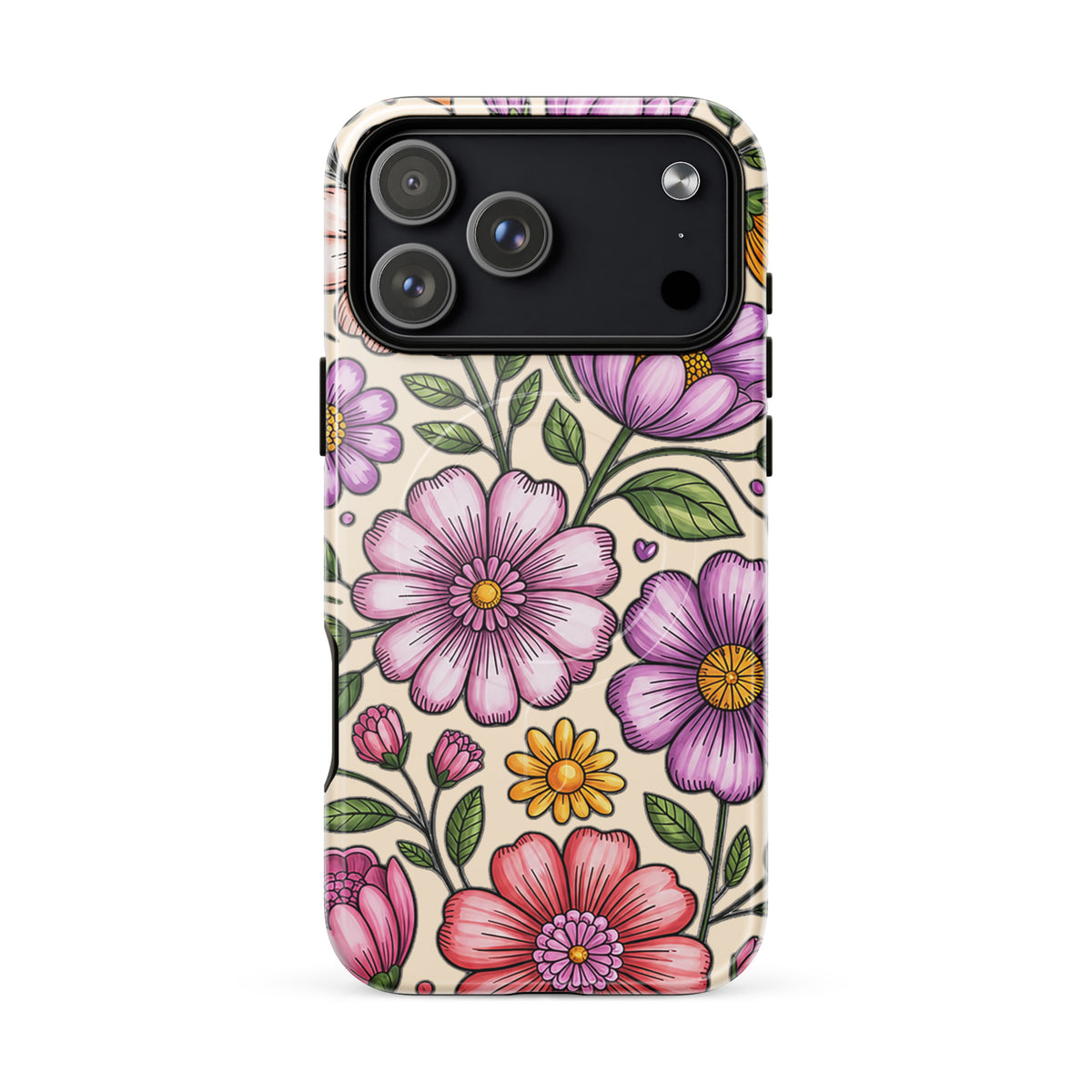 Magnetic Phone Case with pastel floral design, featuring pink, peach, lavender, and yellow flowers on a durable, dual-layer shell.