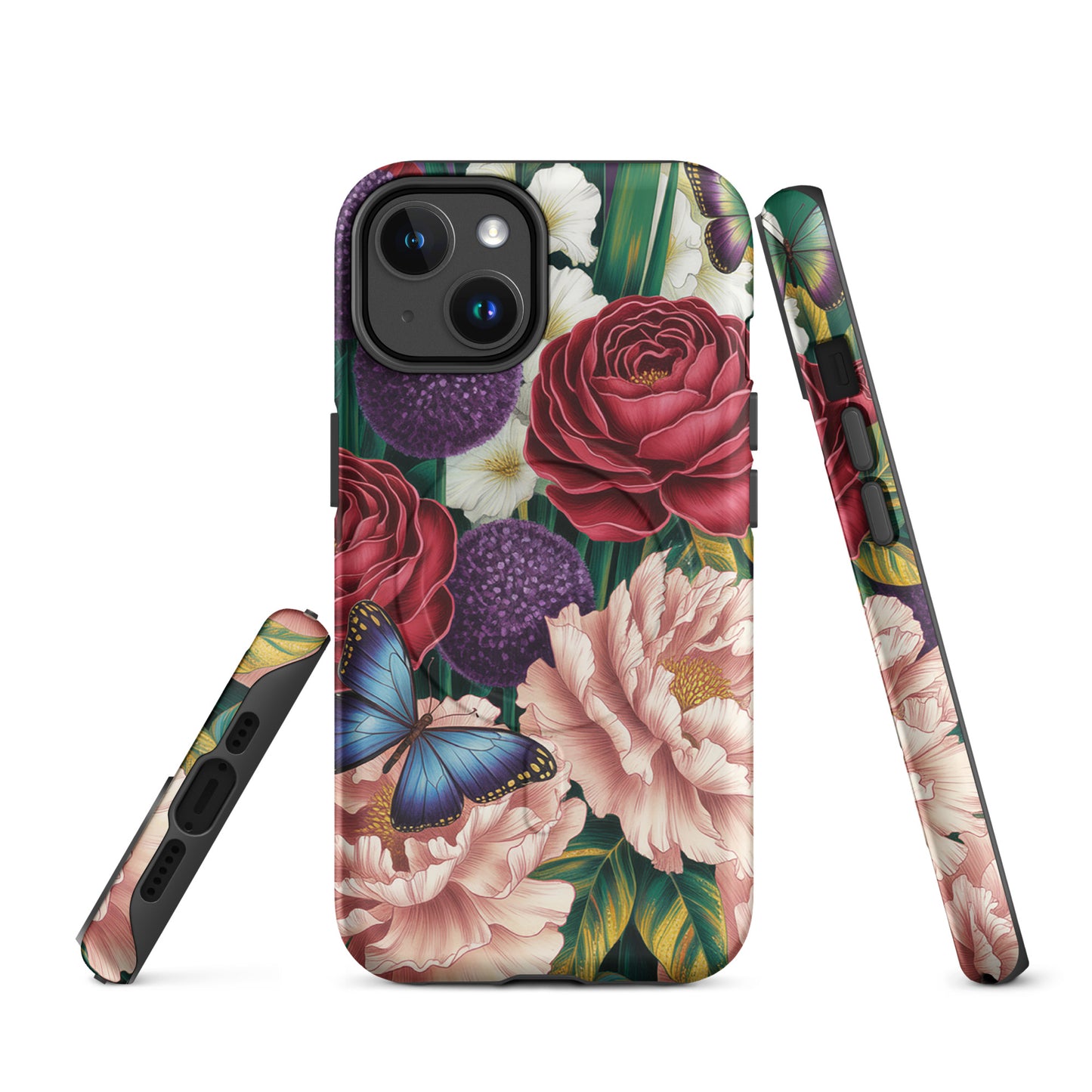 Magnetic Phone Case for iPhone with botanical garden bloom, featuring roses, peonies, alliums, foliage, and butterflies on a vibrant design.