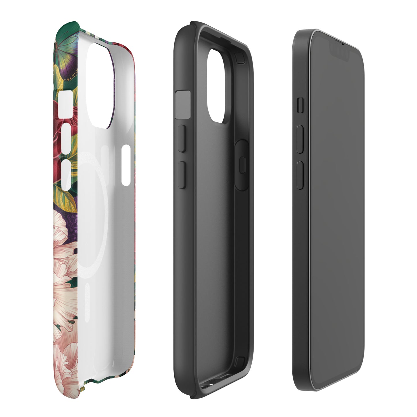 Magnetic Phone Case for iPhone with floral design featuring roses, peonies, alliums, and butterflies; botanical garden theme.