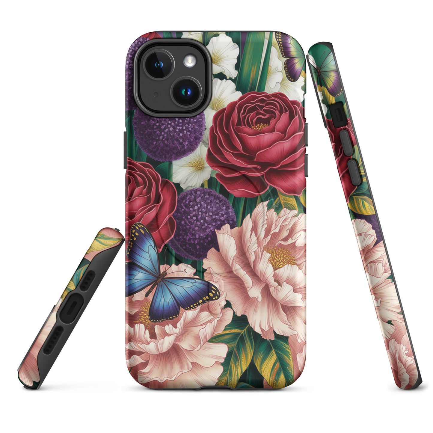 Magnetic Phone Case with vibrant floral design, featuring crimson roses, pink peonies, purple alliums, and blue butterflies.