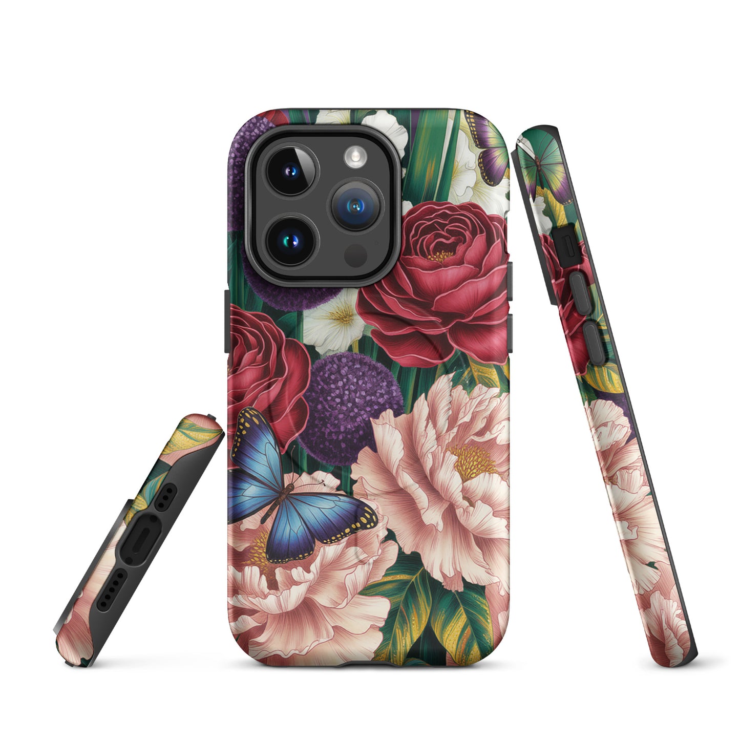 Magnetic Phone Case with crimson roses, pink peonies, purple alliums, and blue butterflies on emerald foliage for iPhone.