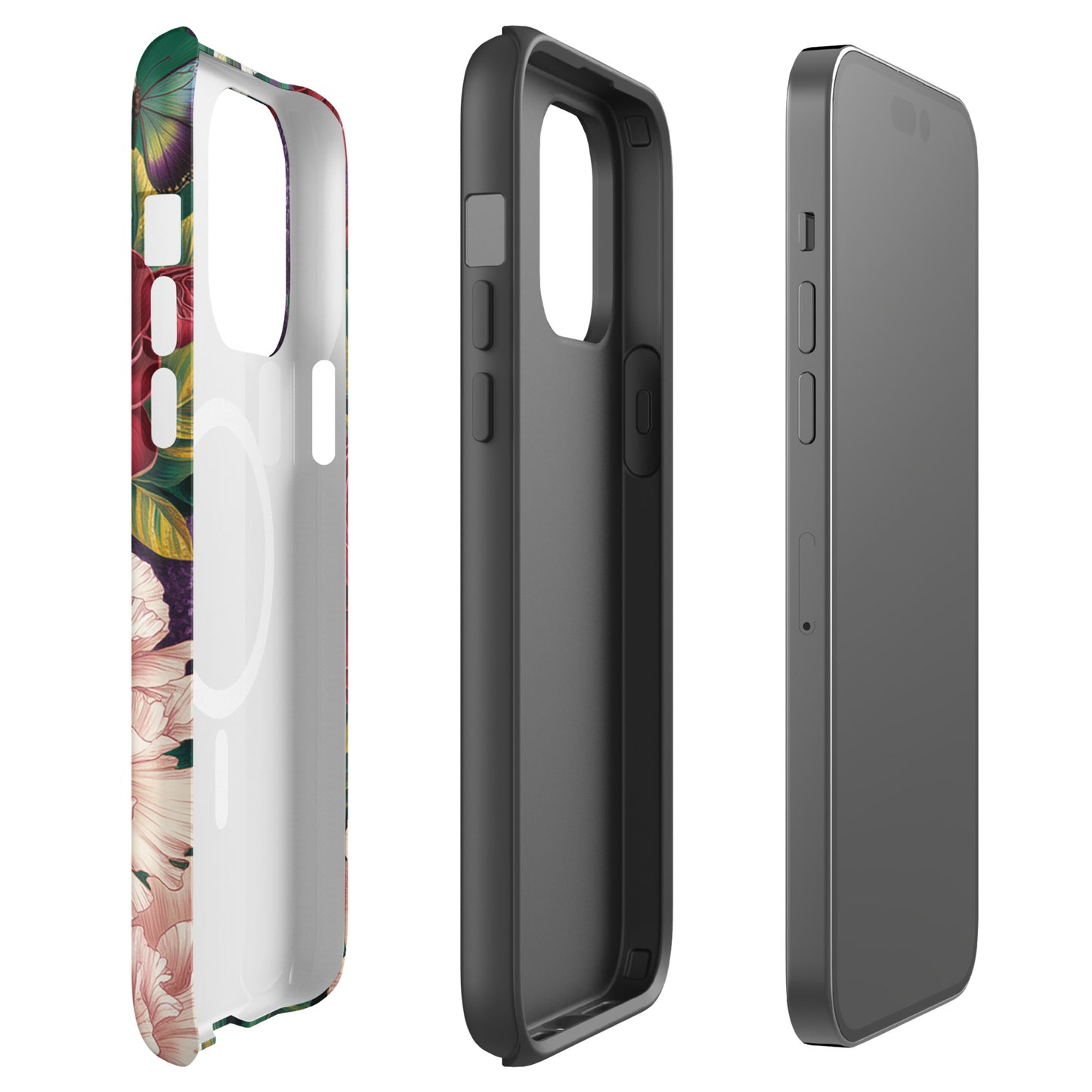 Magnetic Phone Case for iPhone with botanical floral design, featuring roses, peonies, alliums, and blue butterflies
