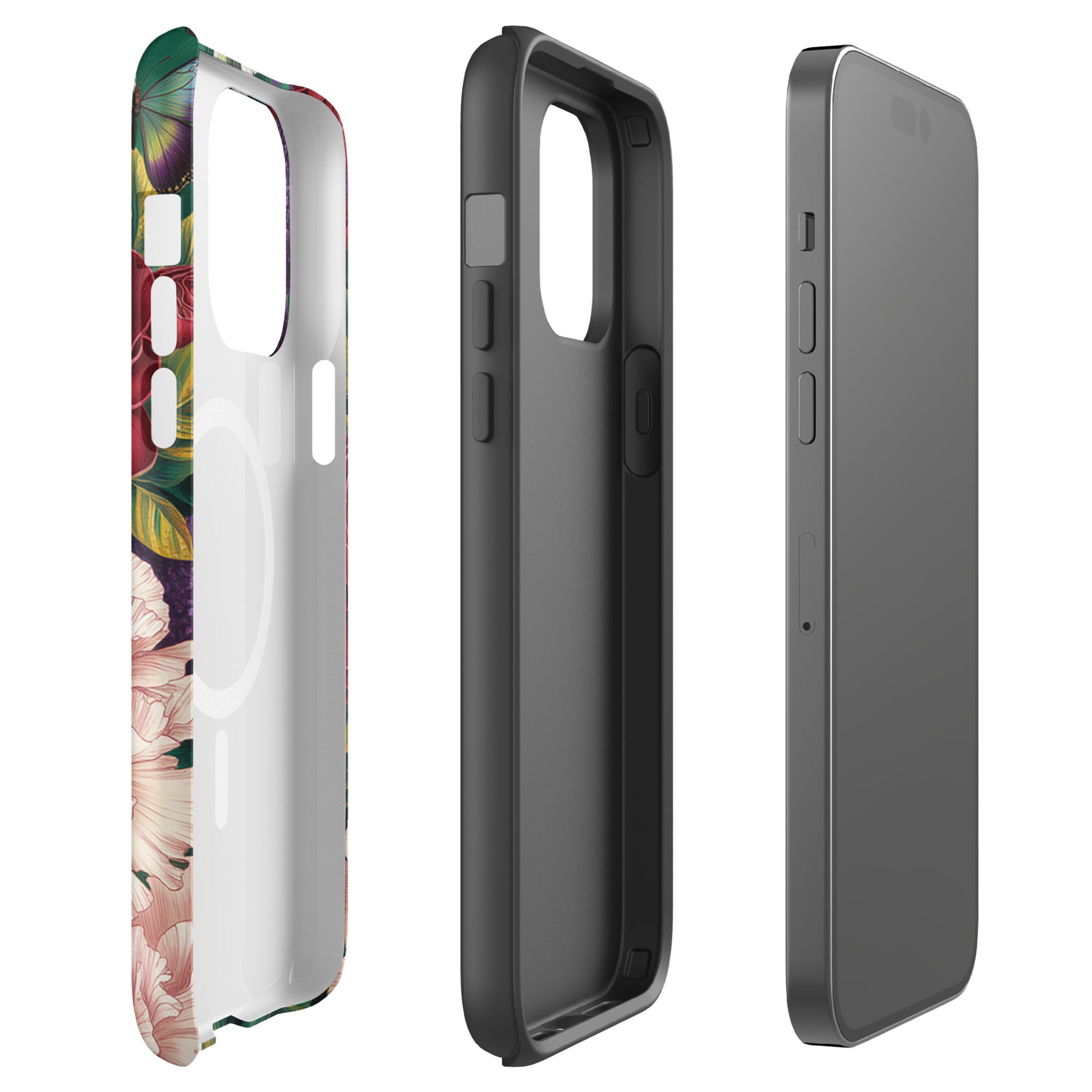 Magnetic Phone Case for iPhone with botanical floral design, featuring roses, peonies, alliums, and blue butterflies