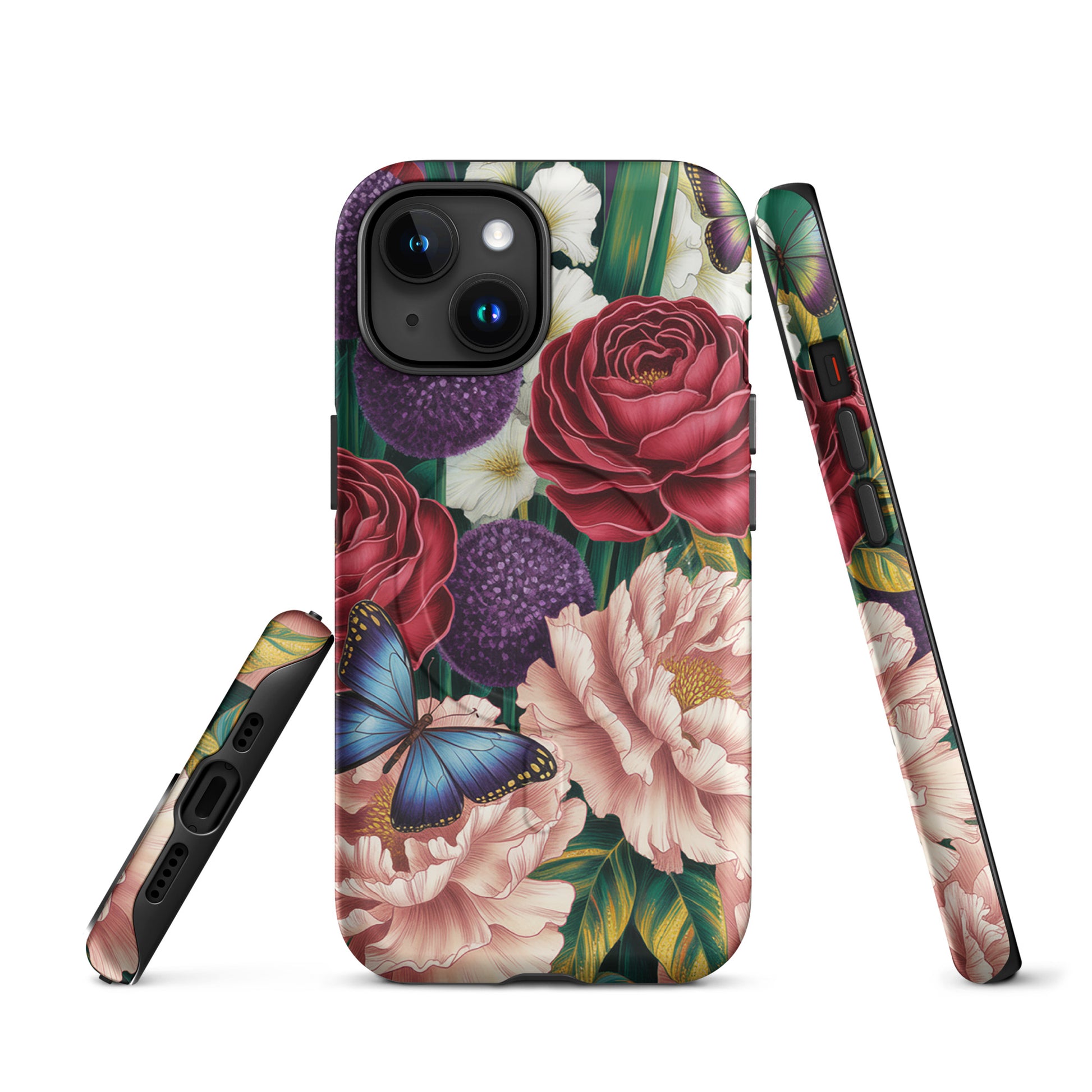Magnetic Phone Case for iPhone featuring vibrant botanical design with roses, peonies, alliums, and butterflies for stylish protection.