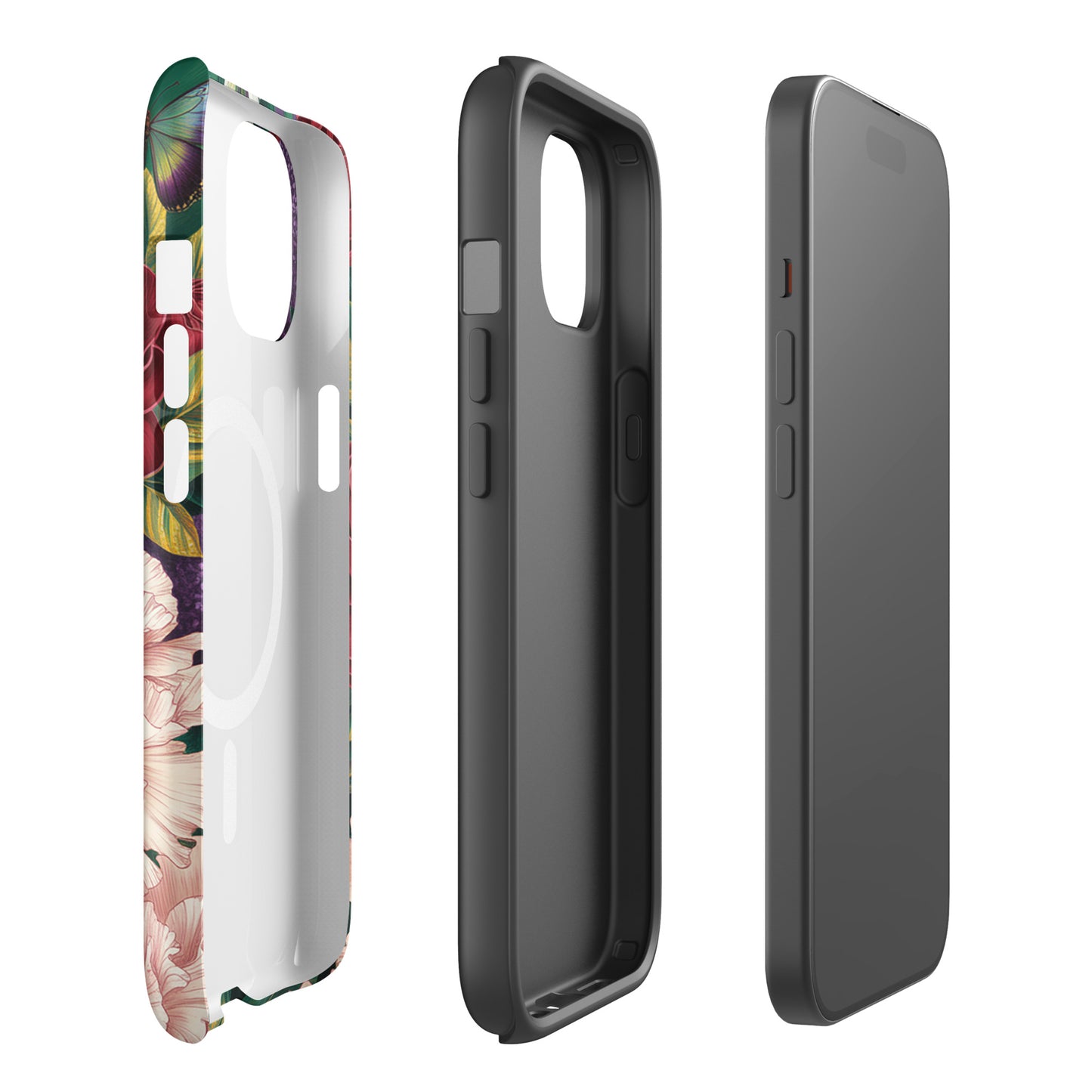 Magnetic Phone Case for iPhone in botanical garden bloom with vivid roses, peonies, alliums, and butterflies. Artistic and protective design.
