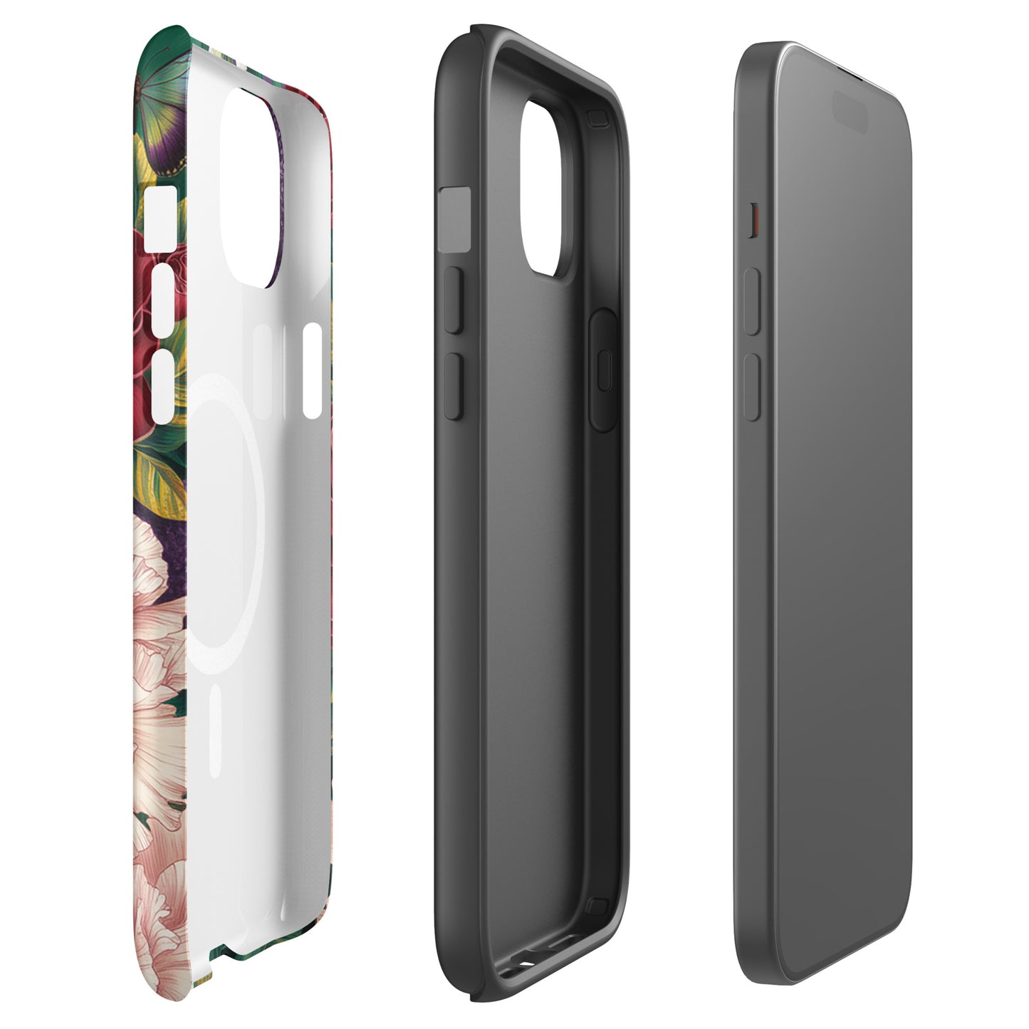Magnetic Phone Case for iPhone with floral botanical design featuring roses, peonies, and butterflies for stylish protection.