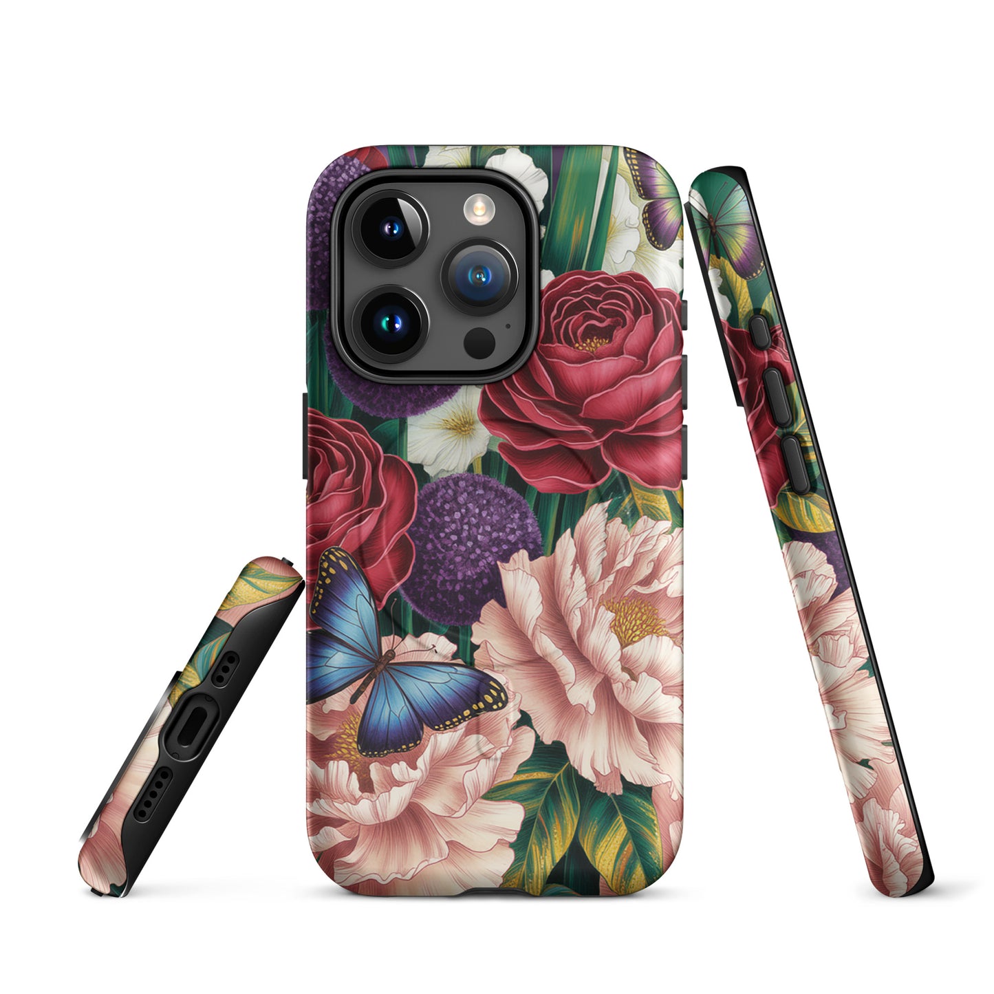 Magnetic Phone Case with botanical garden design featuring roses, peonies, and butterflies for iPhone.