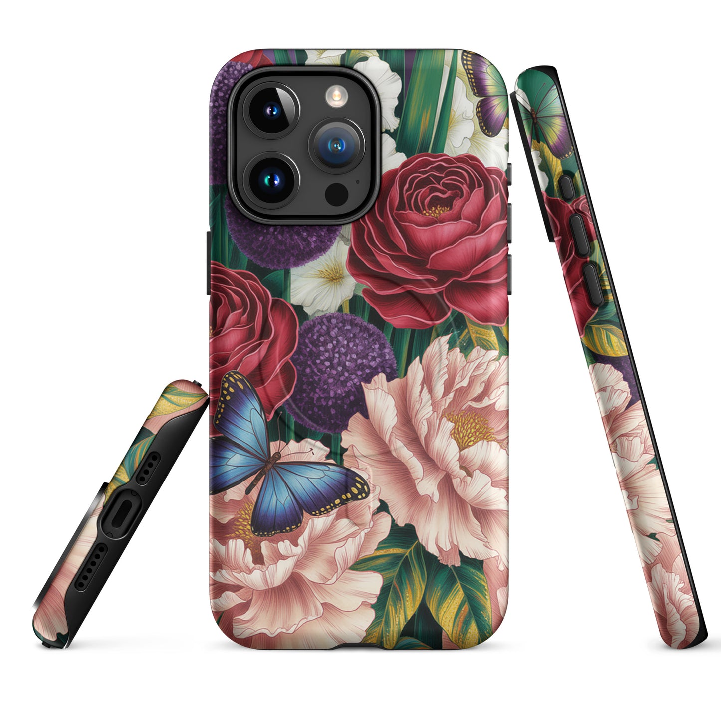 Magnetic Phone Case with floral design featuring roses, peonies, alliums, emerald foliage, and sapphire-blue butterflies for iPhone.