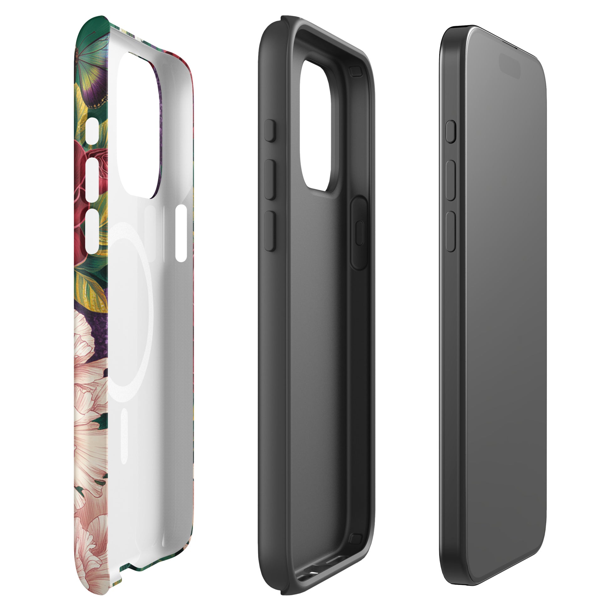 Magnetic Phone Case for iPhone featuring Botanical Garden Bloom design with roses, peonies, alliums, foliage, and butterflies.