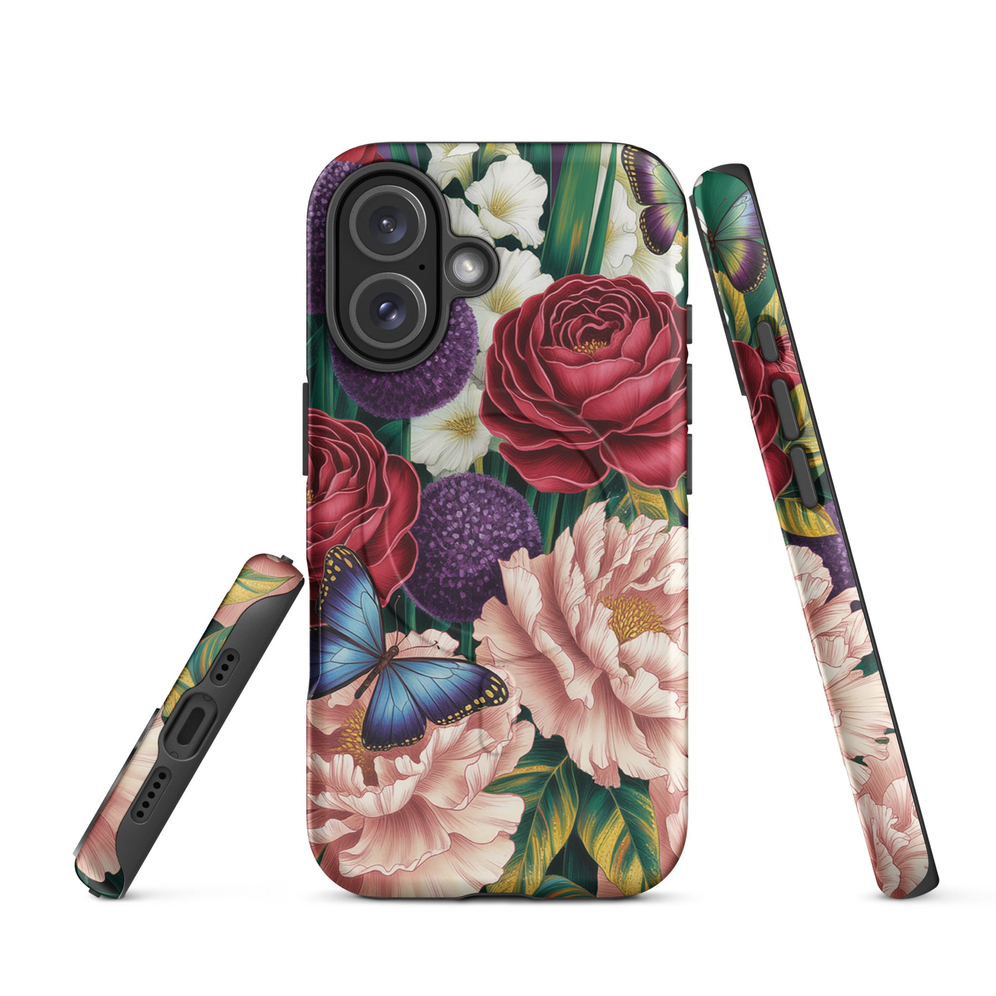 Magnetic Phone Case for iPhone featuring vivid crimson roses, blush pink peonies, and a sapphire-blue butterfly in a botanical design.