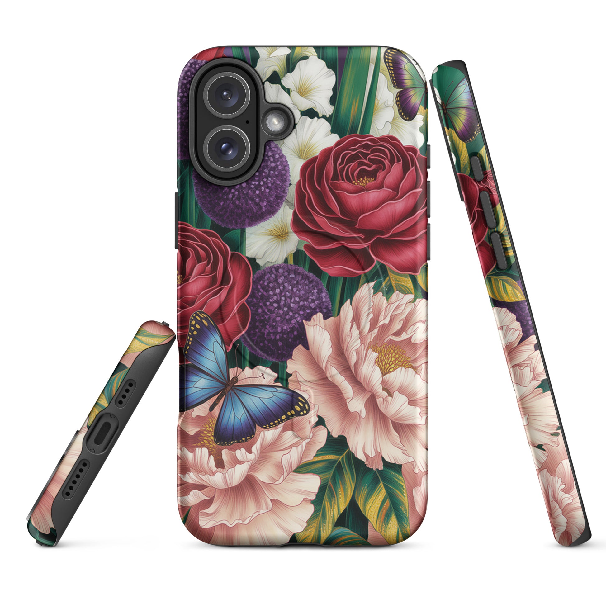 Magnetic Phone Case for iPhone featuring blooming crimson roses, pink peonies, purple alliums, and sapphire-blue butterflies.