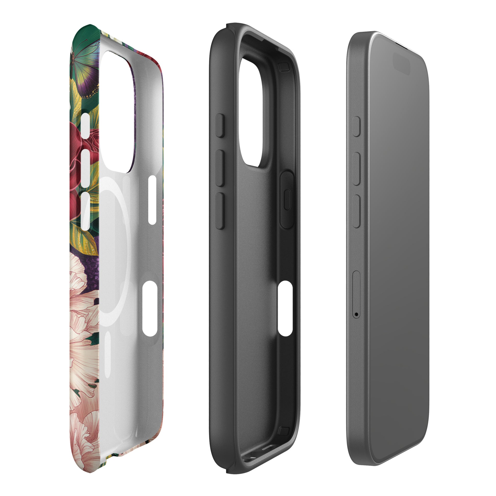 Magnetic Phone Case for iPhone featuring botanical garden design with red roses, pink peonies, and purple alliums.