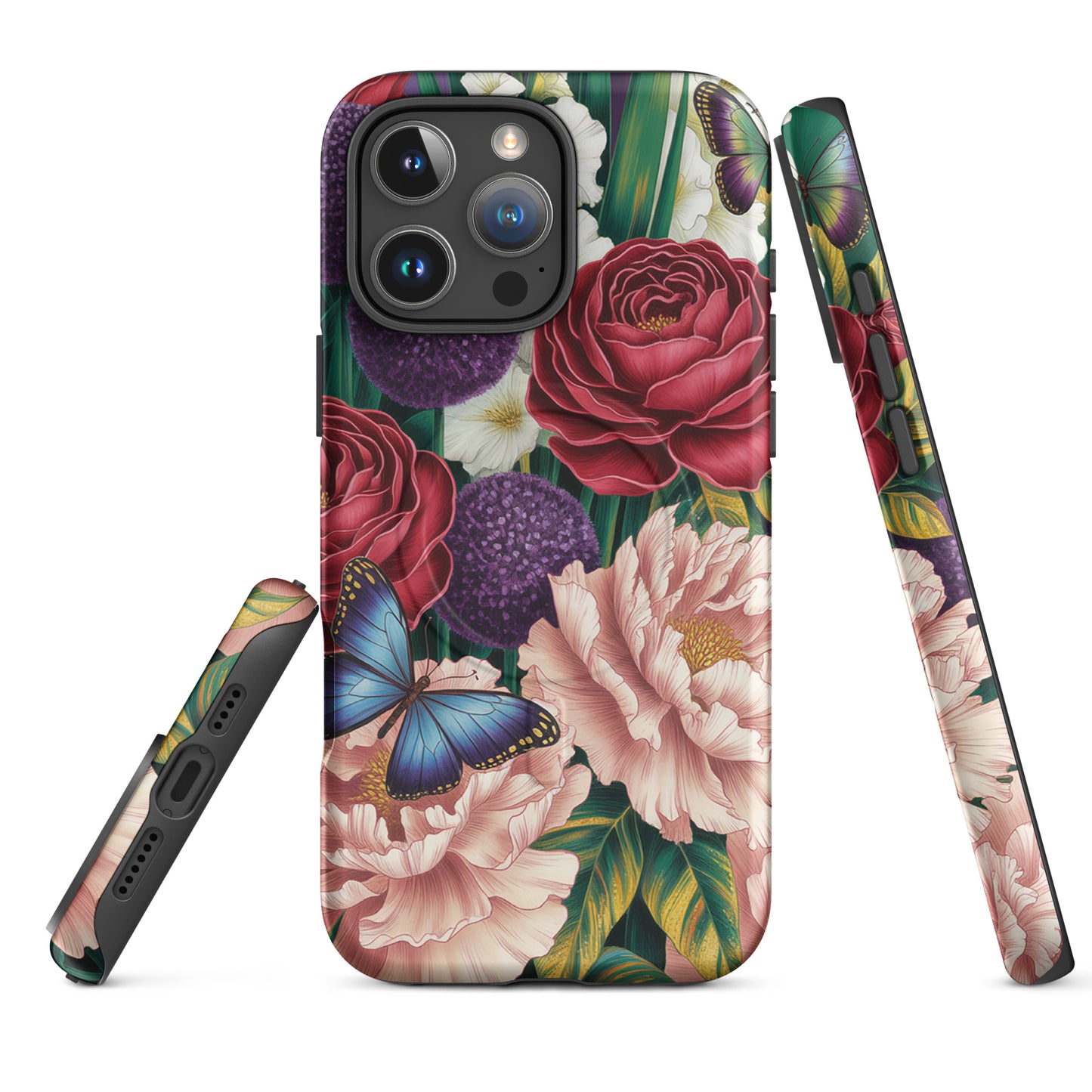 Magnetic Phone Case for iPhone with vivid flowers, butterflies, and lush foliage design.