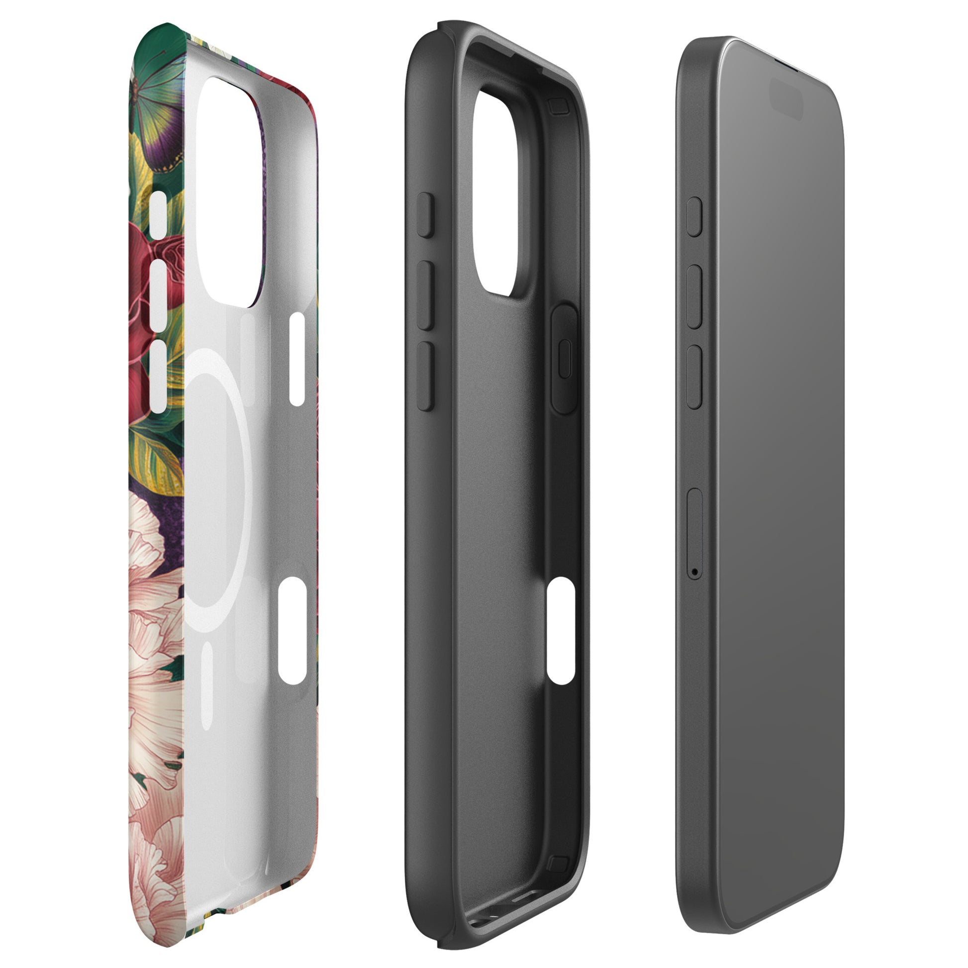 Magnetic Phone Case with Botanical Garden Bloom design showing vibrant floral pattern and butterfly accents for iPhone.